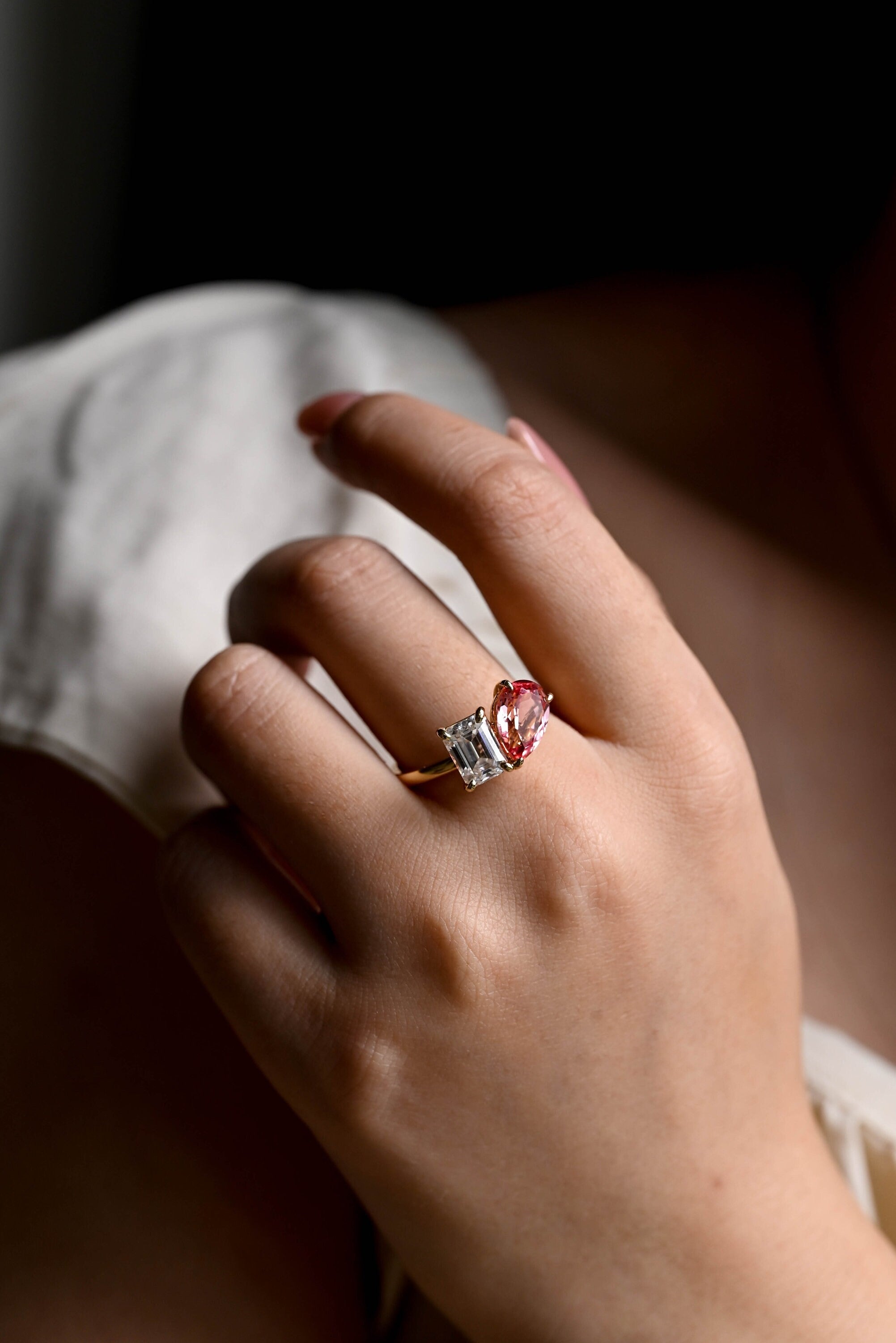 Toi et Moi Pear Cut Pink Sapphire & Emerald Cut Moissanite Engagement Ring Set