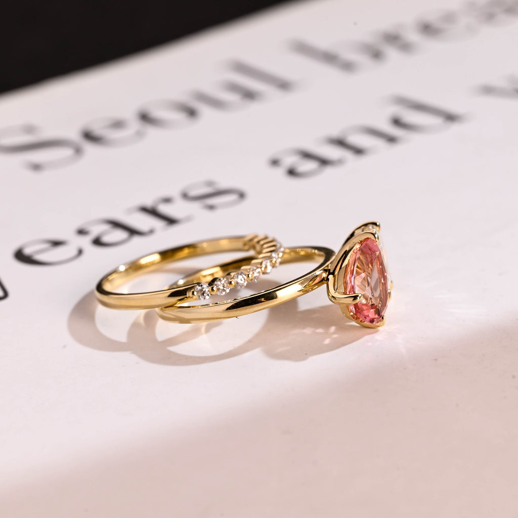Toi et Moi Pear Cut Pink Sapphire & Emerald Cut Moissanite Engagement Ring Set