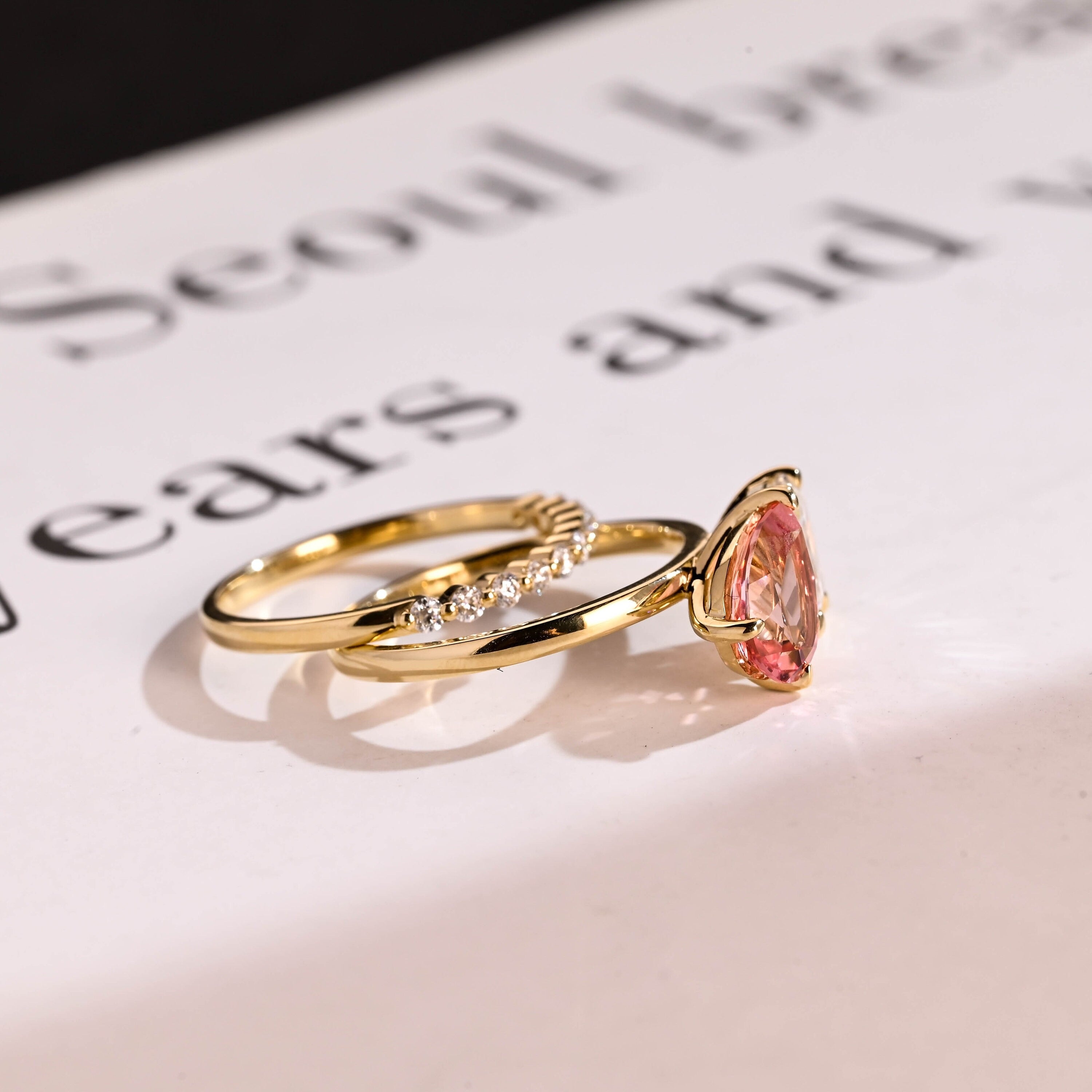 Toi et Moi Pear Cut Pink Sapphire & Emerald Cut Moissanite Engagement Ring Set