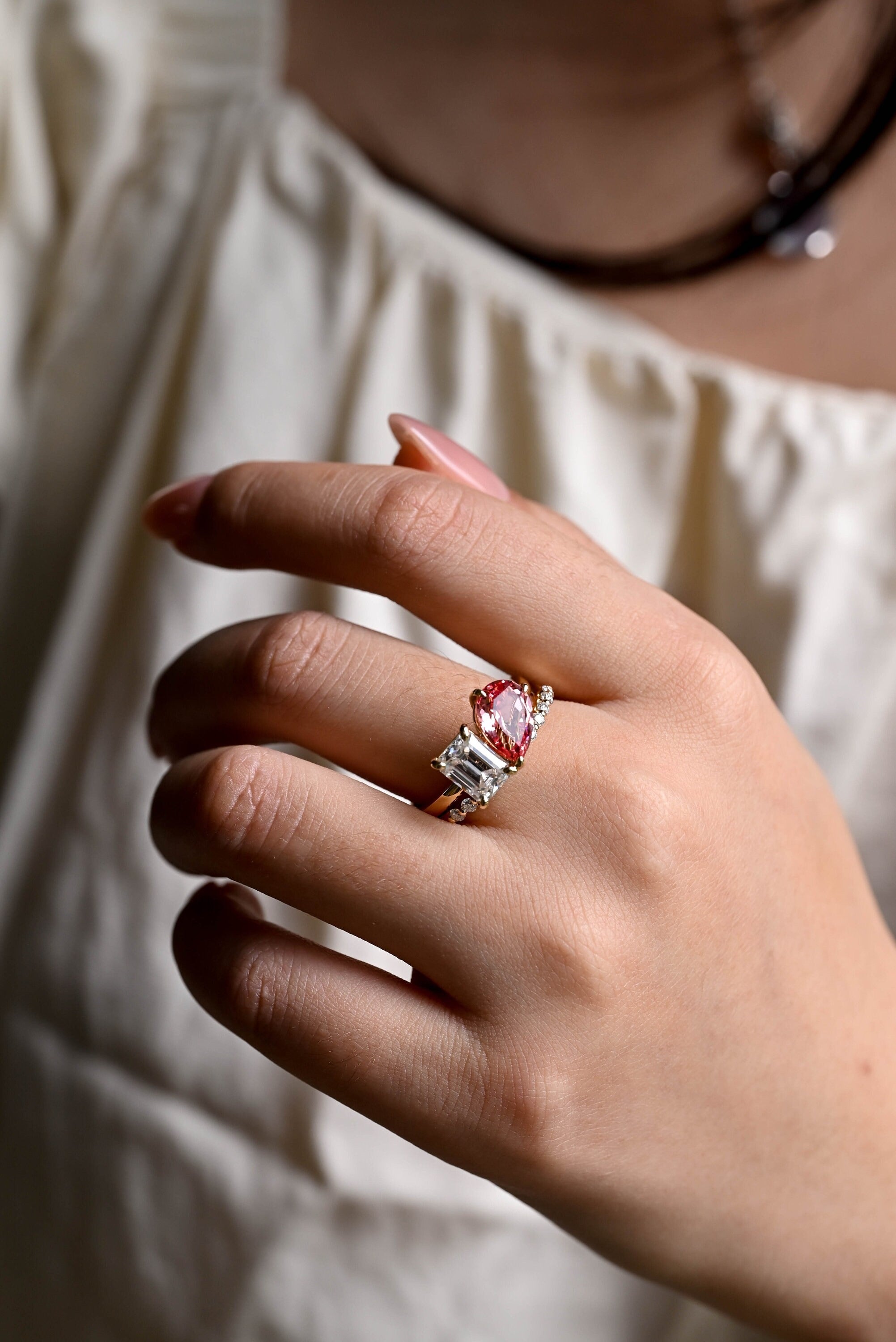 Toi et Moi Pear Cut Pink Sapphire & Emerald Cut Moissanite Engagement Ring Set