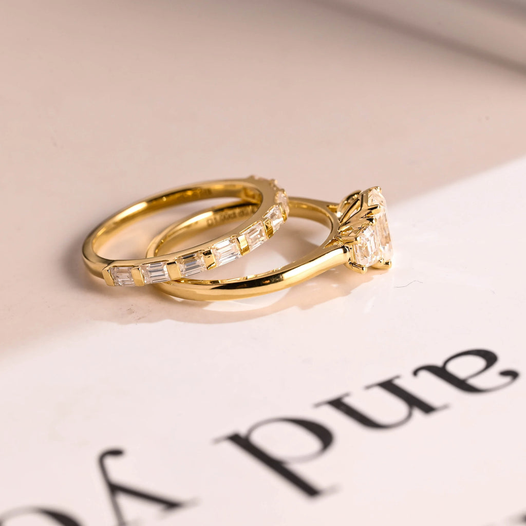 Solid Gold Emerald Cut Moissanite Engagement Ring and Wedding Band Set, Bridal Set