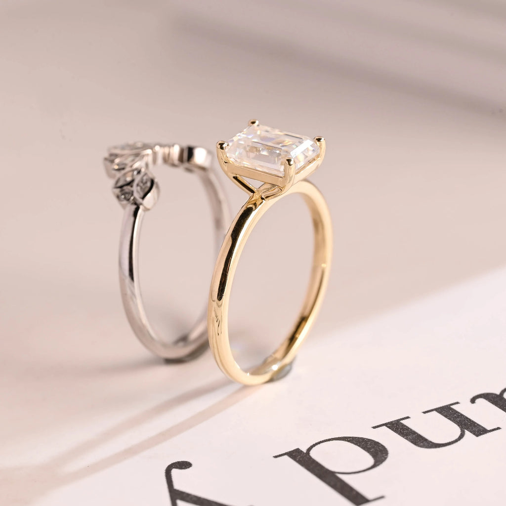 Emerald Cut Moissanite Wedding Band Set