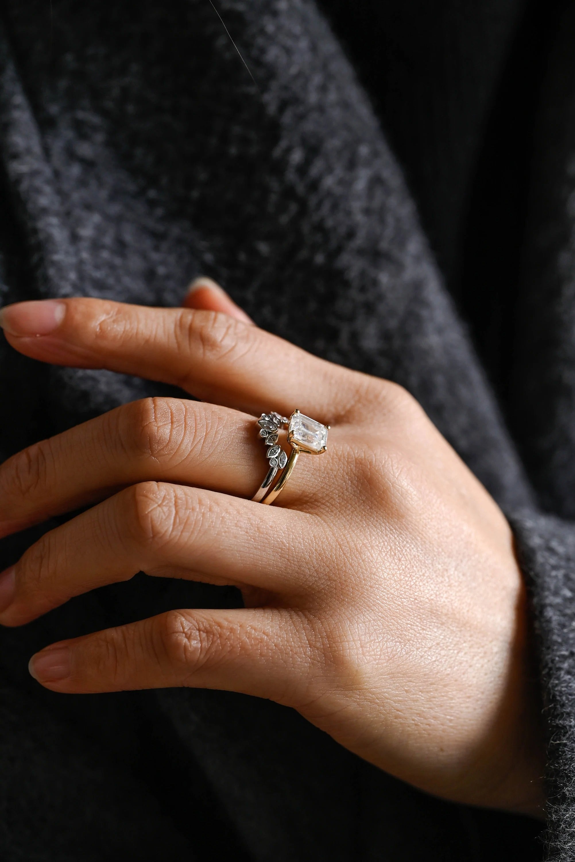 Emerald Cut Moissanite Wedding Band Set