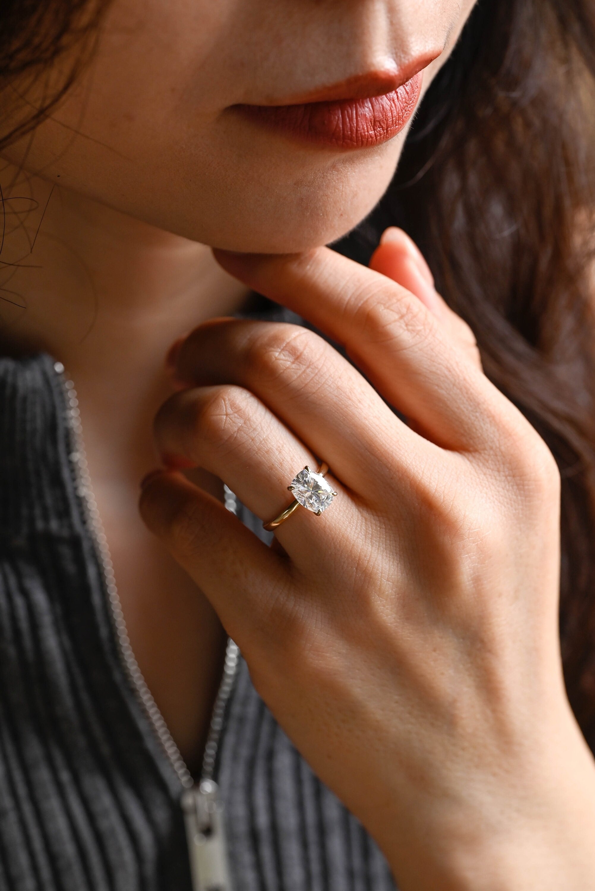 Solid Gold Elongated Cushion Cut Moissanite Engagement Ring, Dainty Ring