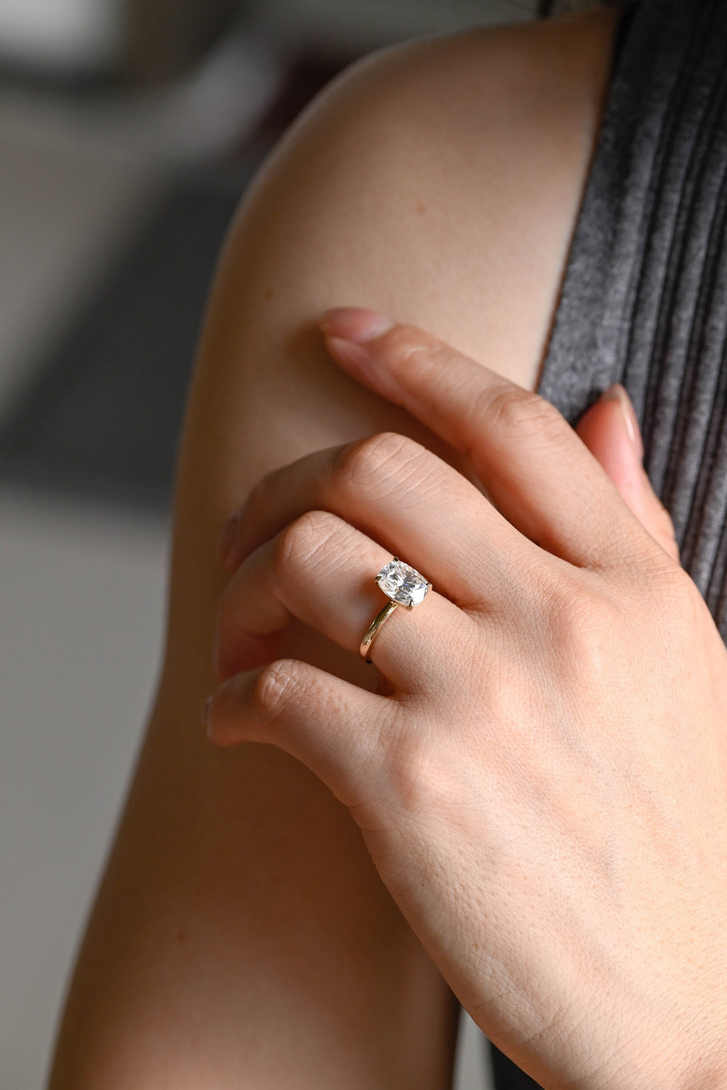 Solid Gold Elongated Cushion Cut Moissanite Engagement Ring, Dainty Ring