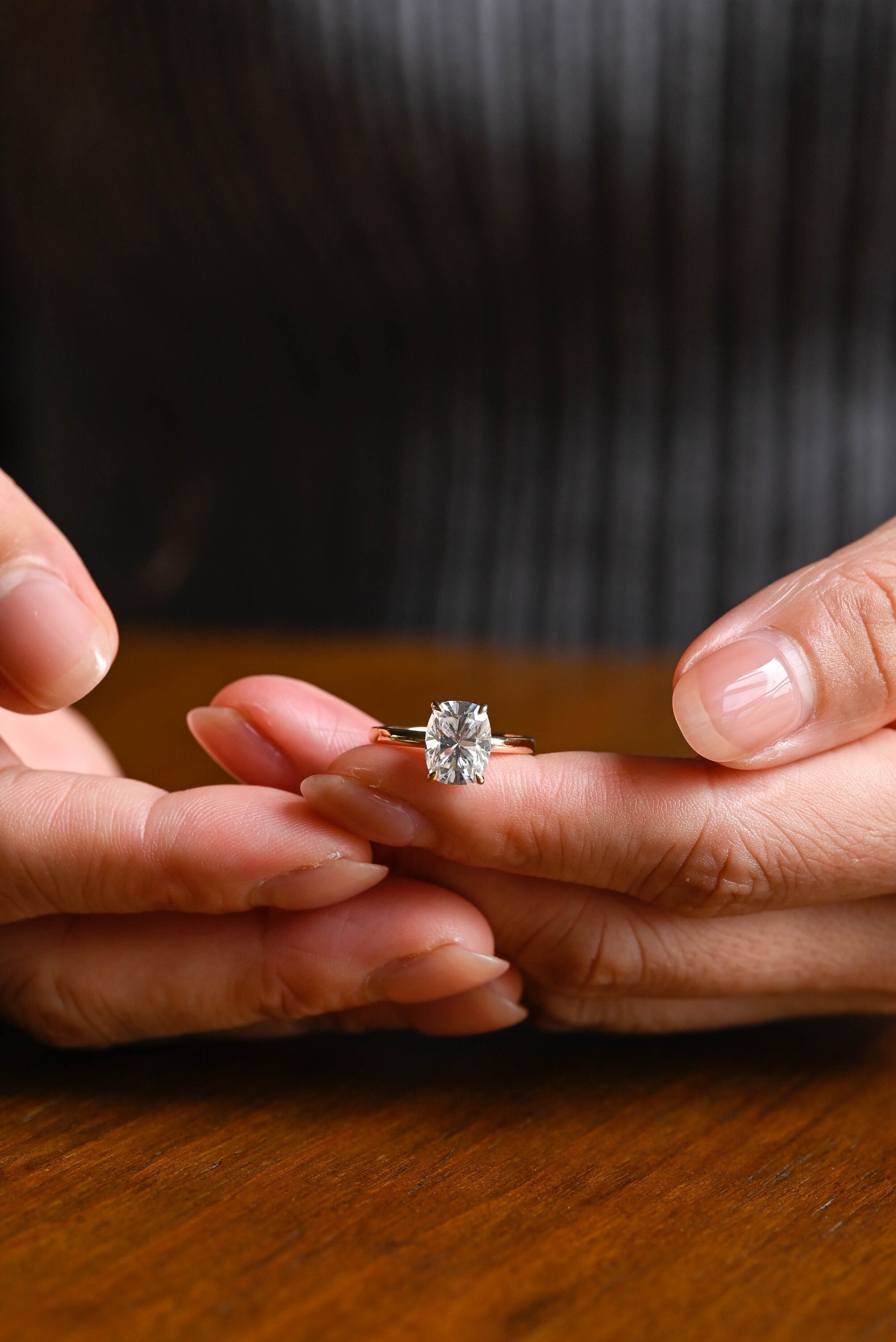 Solid Gold Elongated Cushion Cut Moissanite Engagement Ring, Dainty Ring