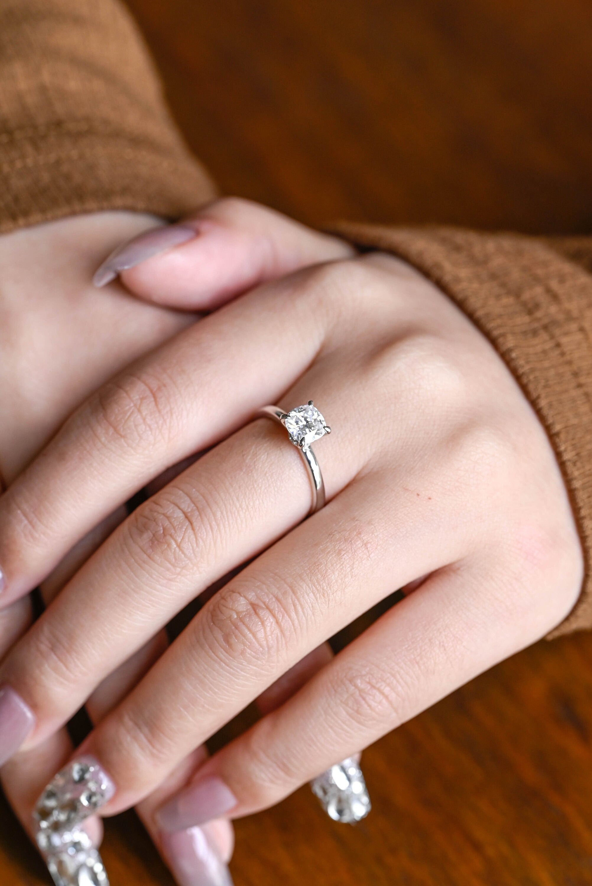Solid Gold Cushion Cut Moissanite Engagement Ring, Promise Ring
