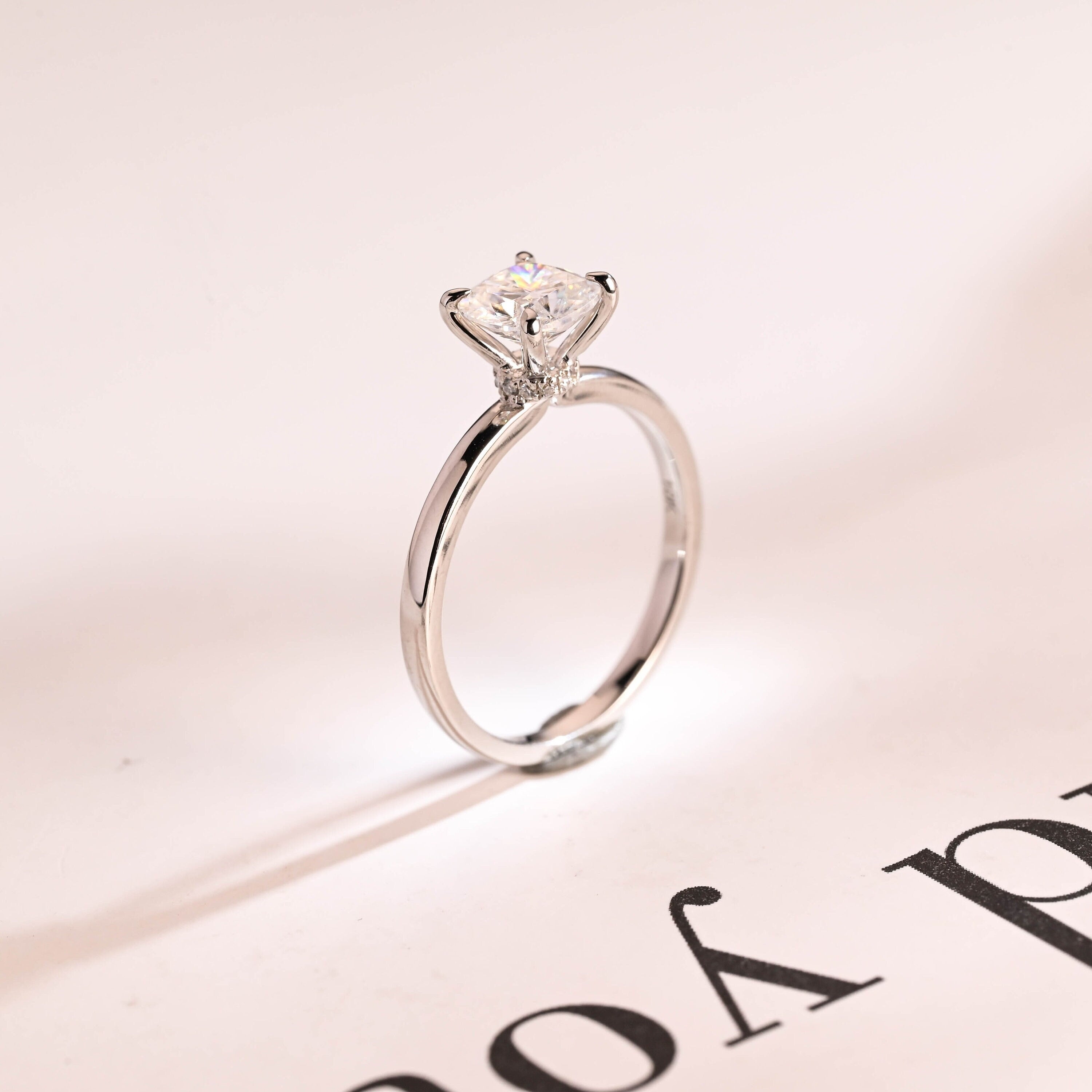 Solid Gold Cushion Cut Moissanite Engagement Ring, Promise Ring