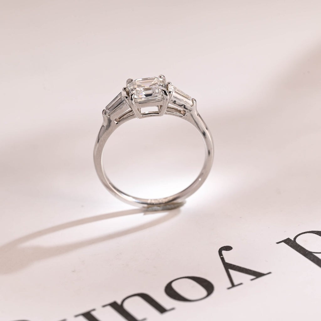 Solid Gold Assher Cut Moissanite Engagement Ring, Three Stones Ring,