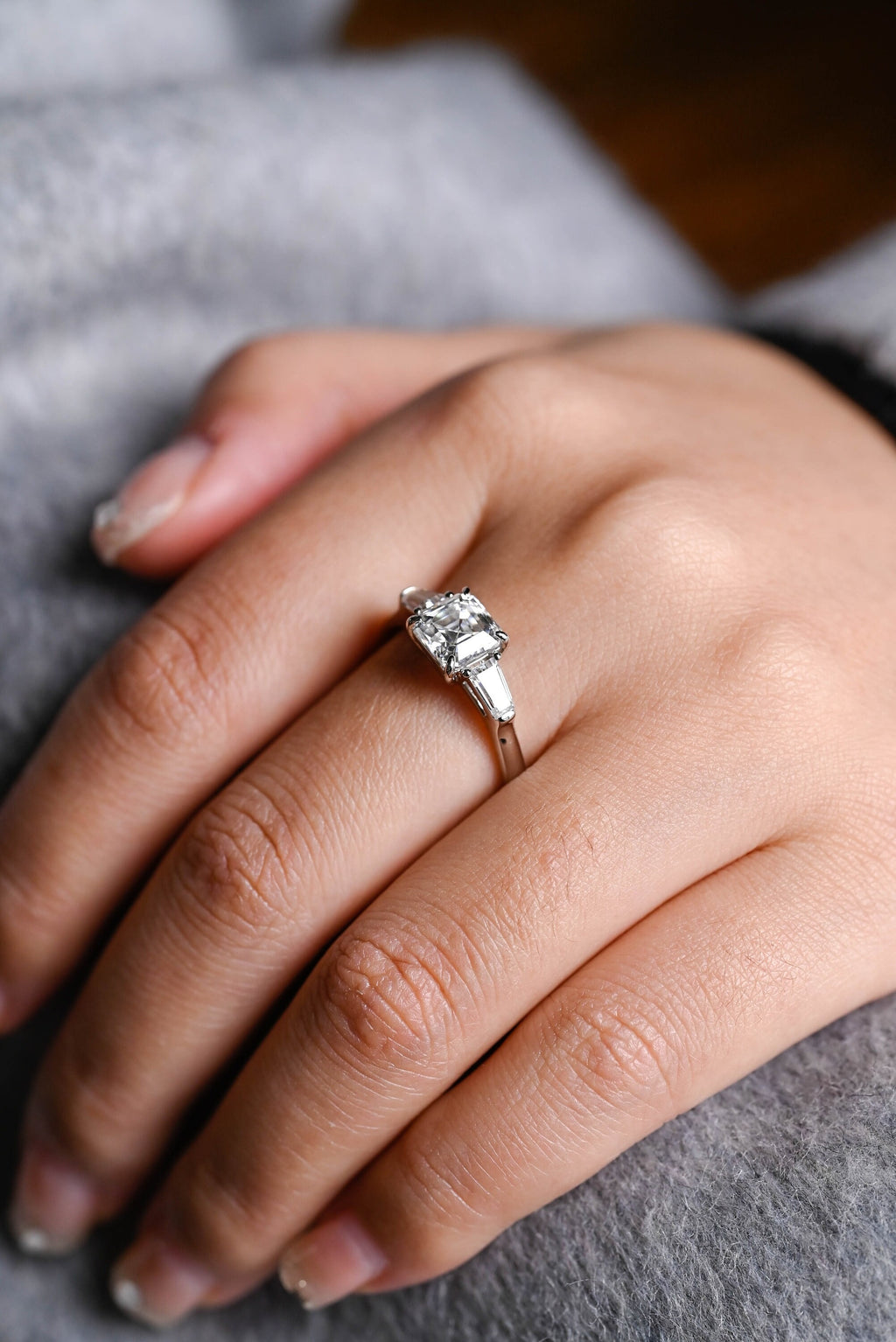Solid Gold Assher Cut Moissanite Engagement Ring, Three Stones Ring,