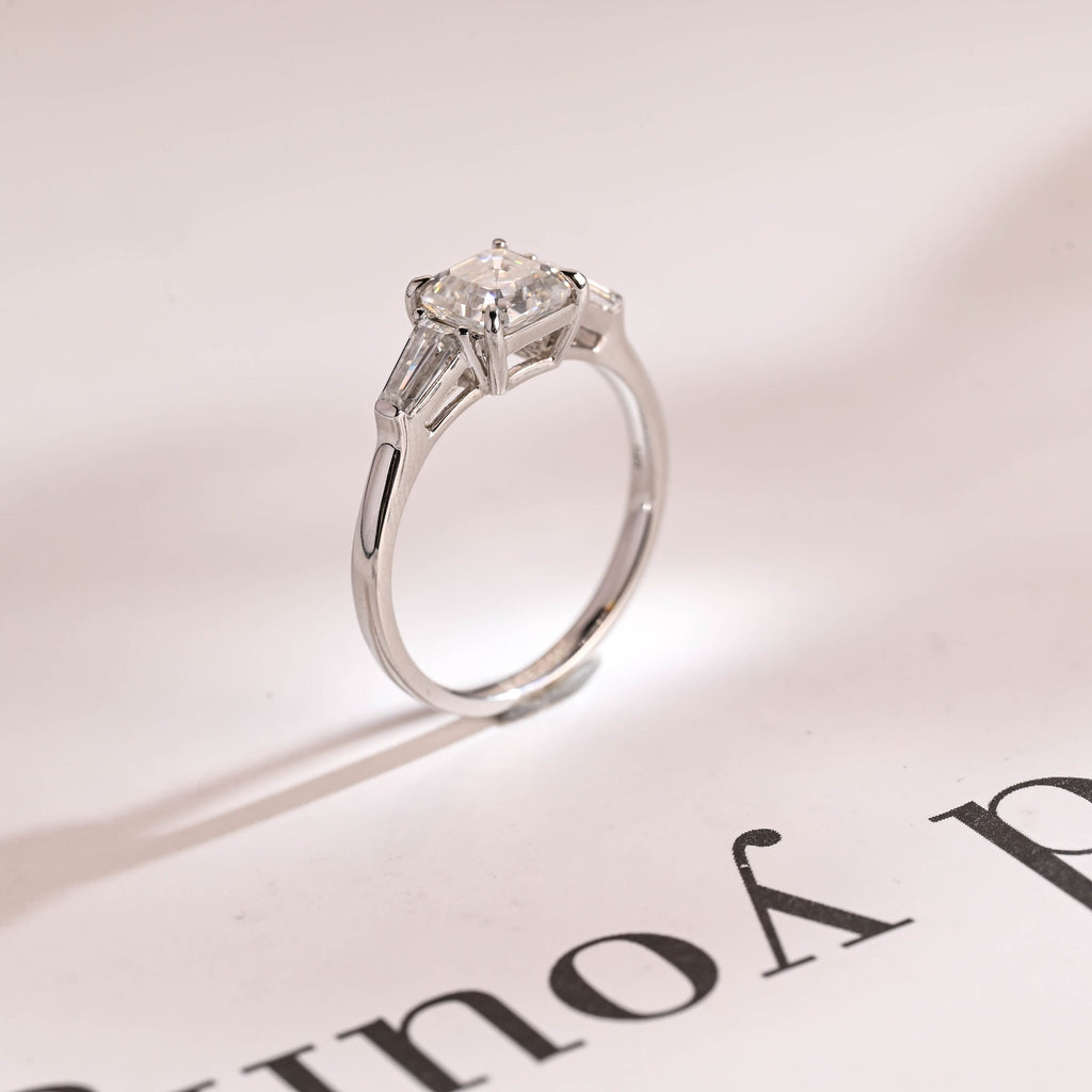 Solid Gold Assher Cut Moissanite Engagement Ring, Three Stones Ring,