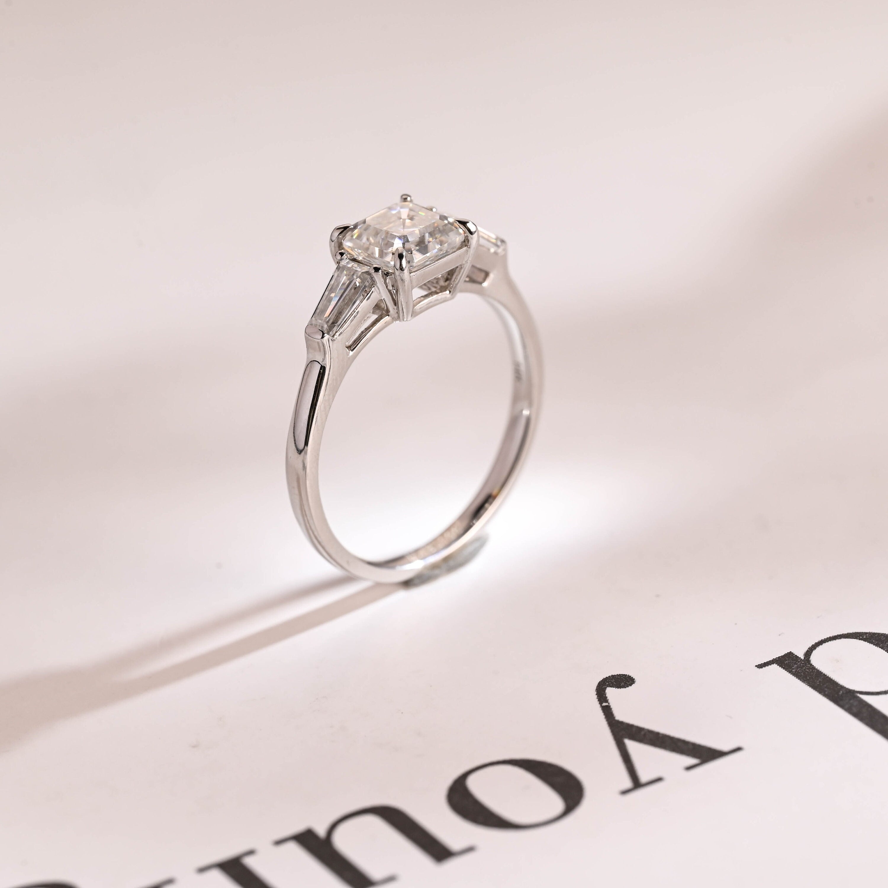 Solid Gold Assher Cut Moissanite Engagement Ring, Three Stones Ring,