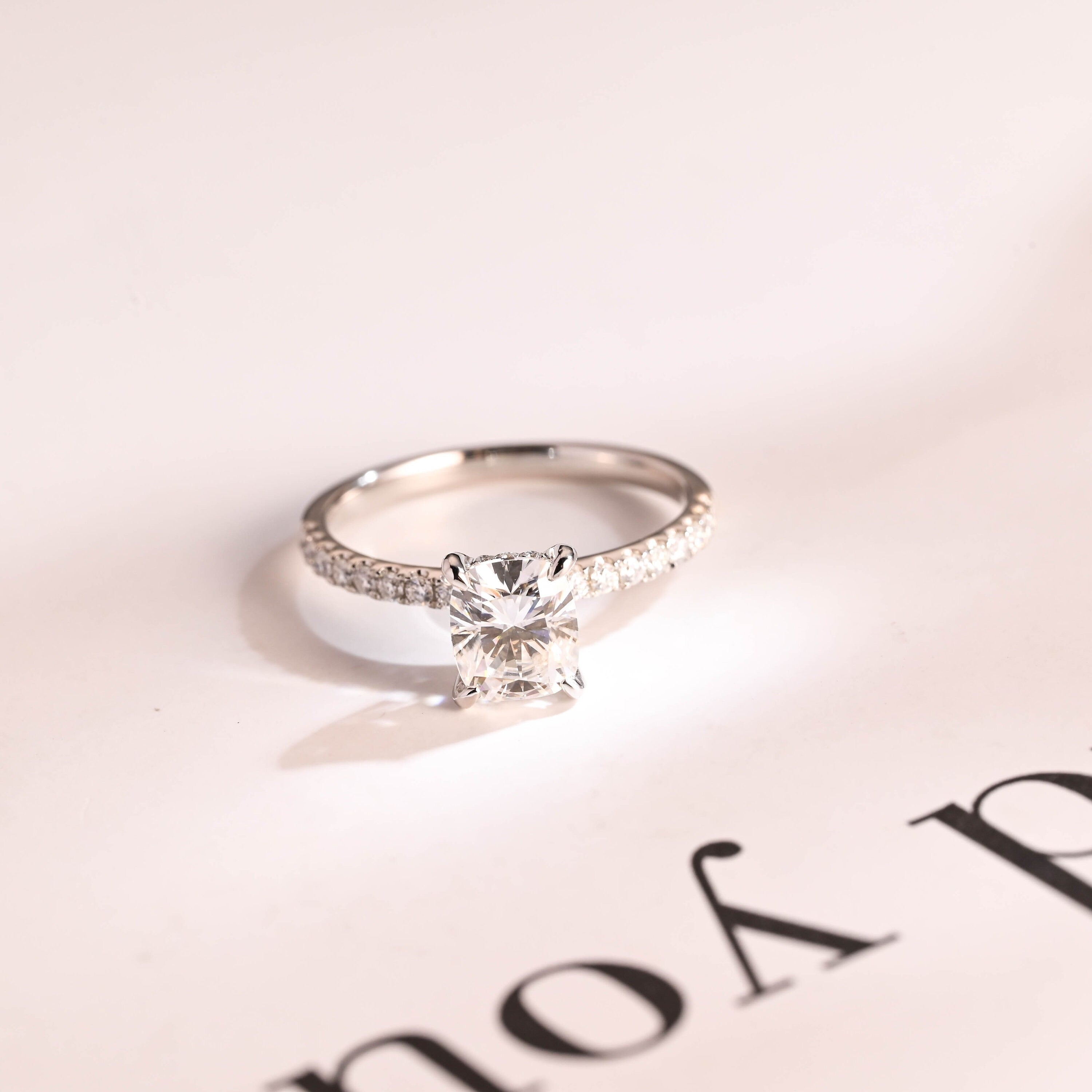 Solid Gold Elongated Cushion Moissanite Engagement Ring, Hidden Halo Bridal Ring Main image