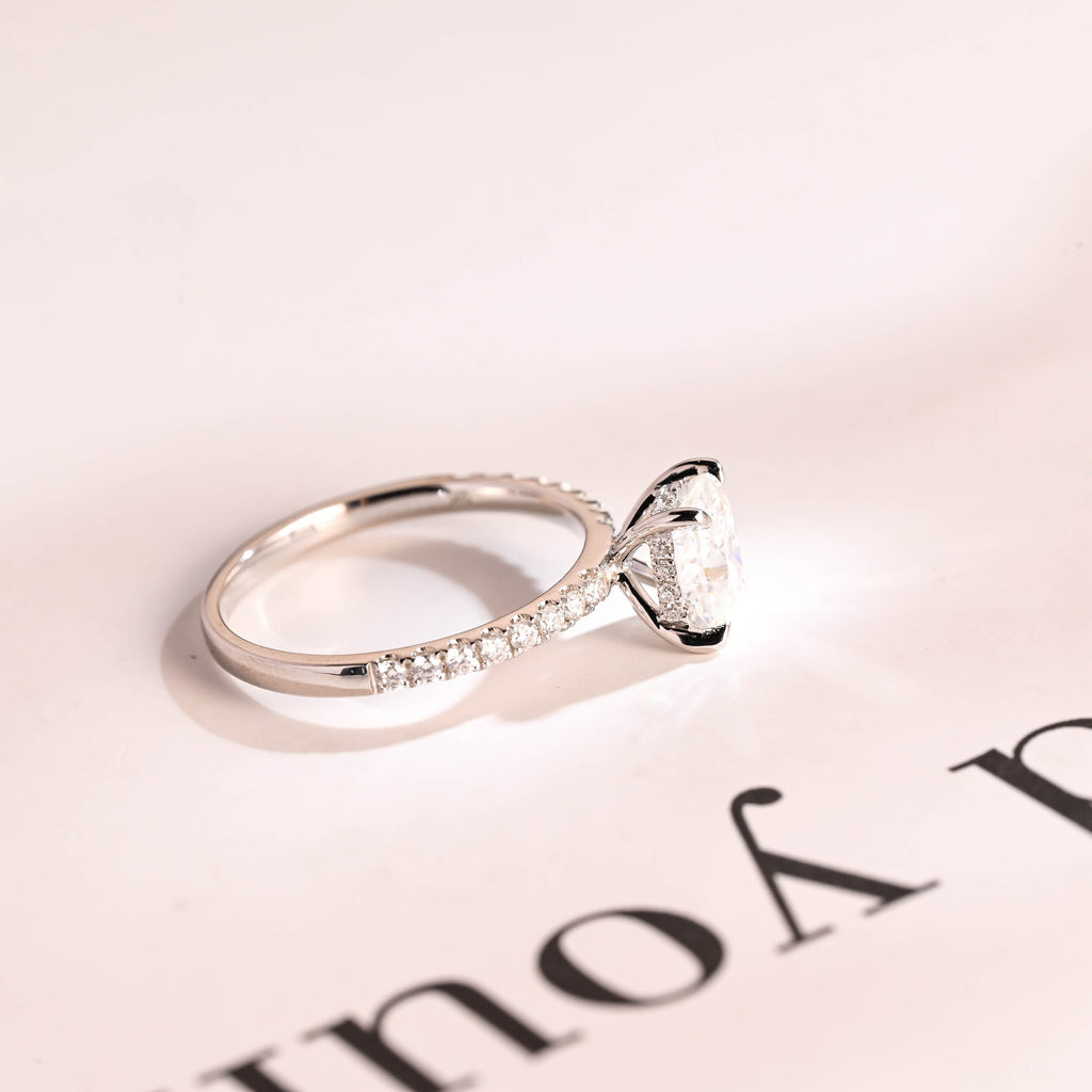 Solid Gold Elongated Cushion Moissanite Engagement Ring, Hidden Halo Bridal Ring