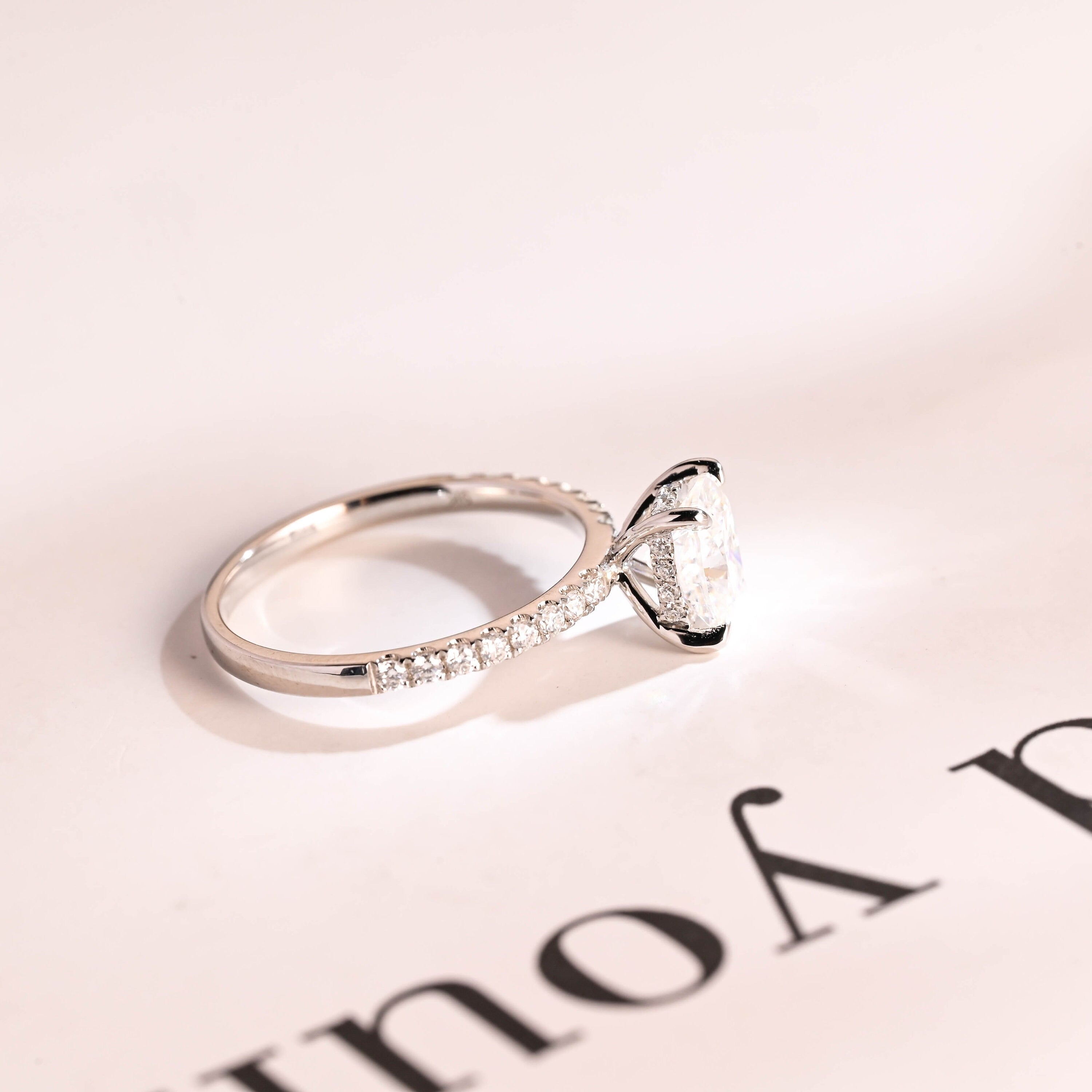 Solid Gold Elongated Cushion Moissanite Engagement Ring, Hidden Halo Bridal Ring
