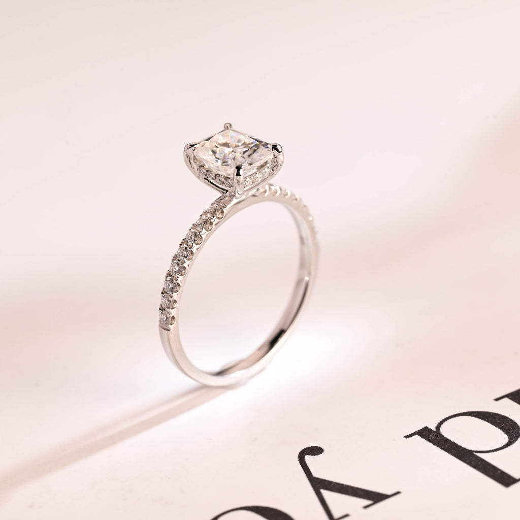 Solid Gold Elongated Cushion Moissanite Engagement Ring, Hidden Halo Bridal Ring