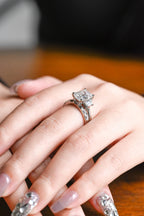 Solid Gold Emerald Cut Moissanite Engagement Ring and Wedding Band Set, Bridal Set