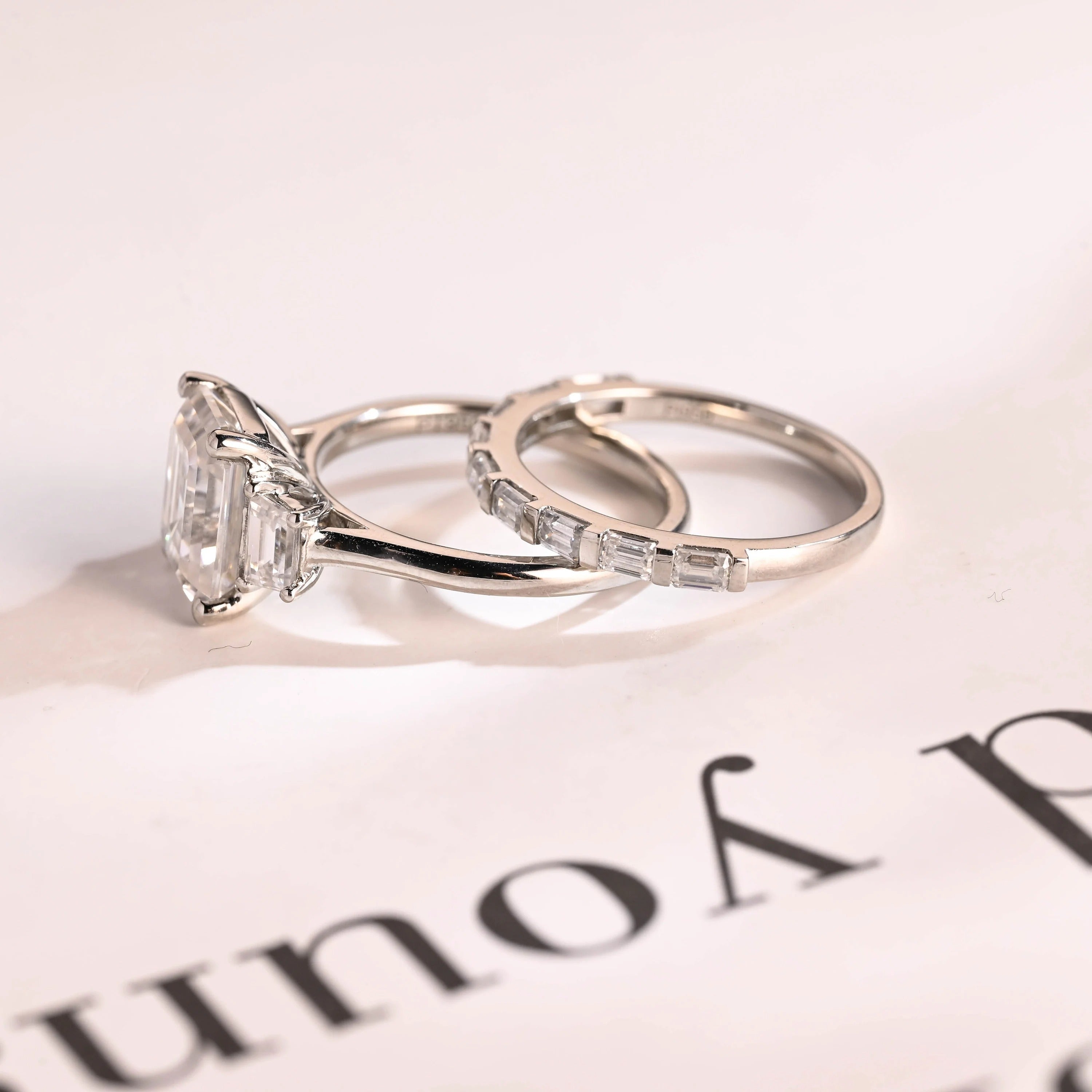 Solid Gold Emerald Cut Moissanite Engagement Ring and Wedding Band Set, Bridal Set