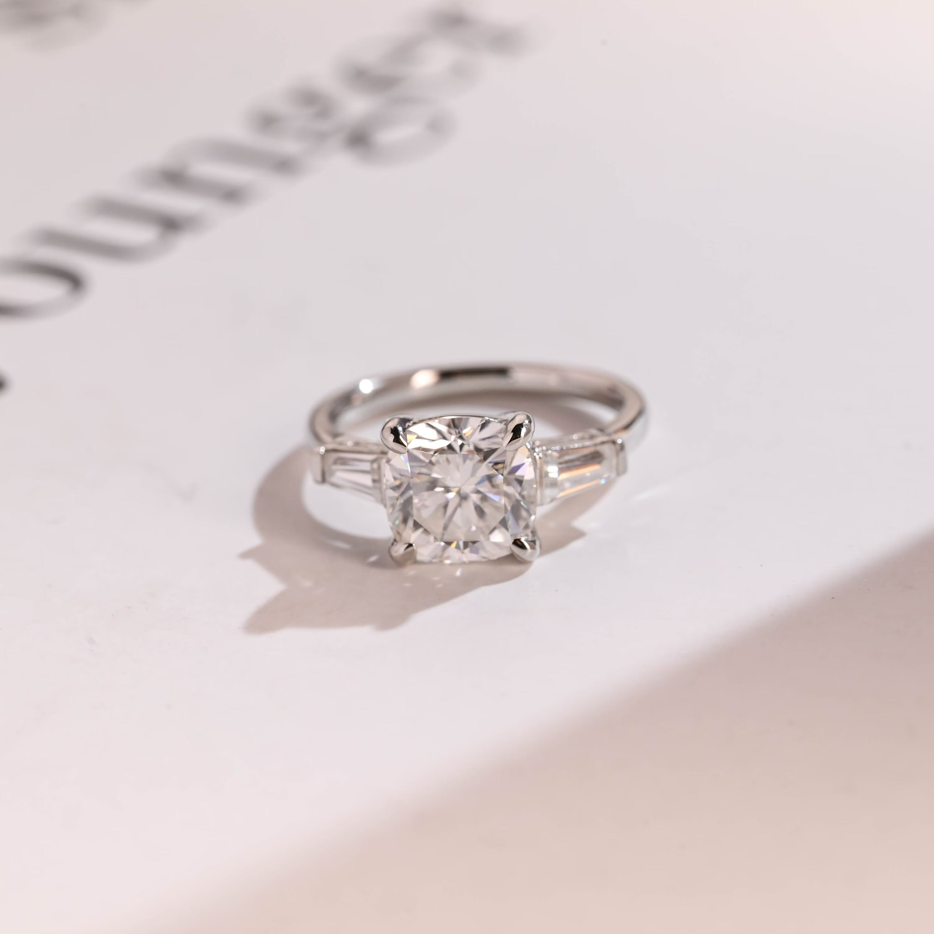 Solid Gold Cushion Cut Moissanite Engagement Ring, Three Stones Ring Main image