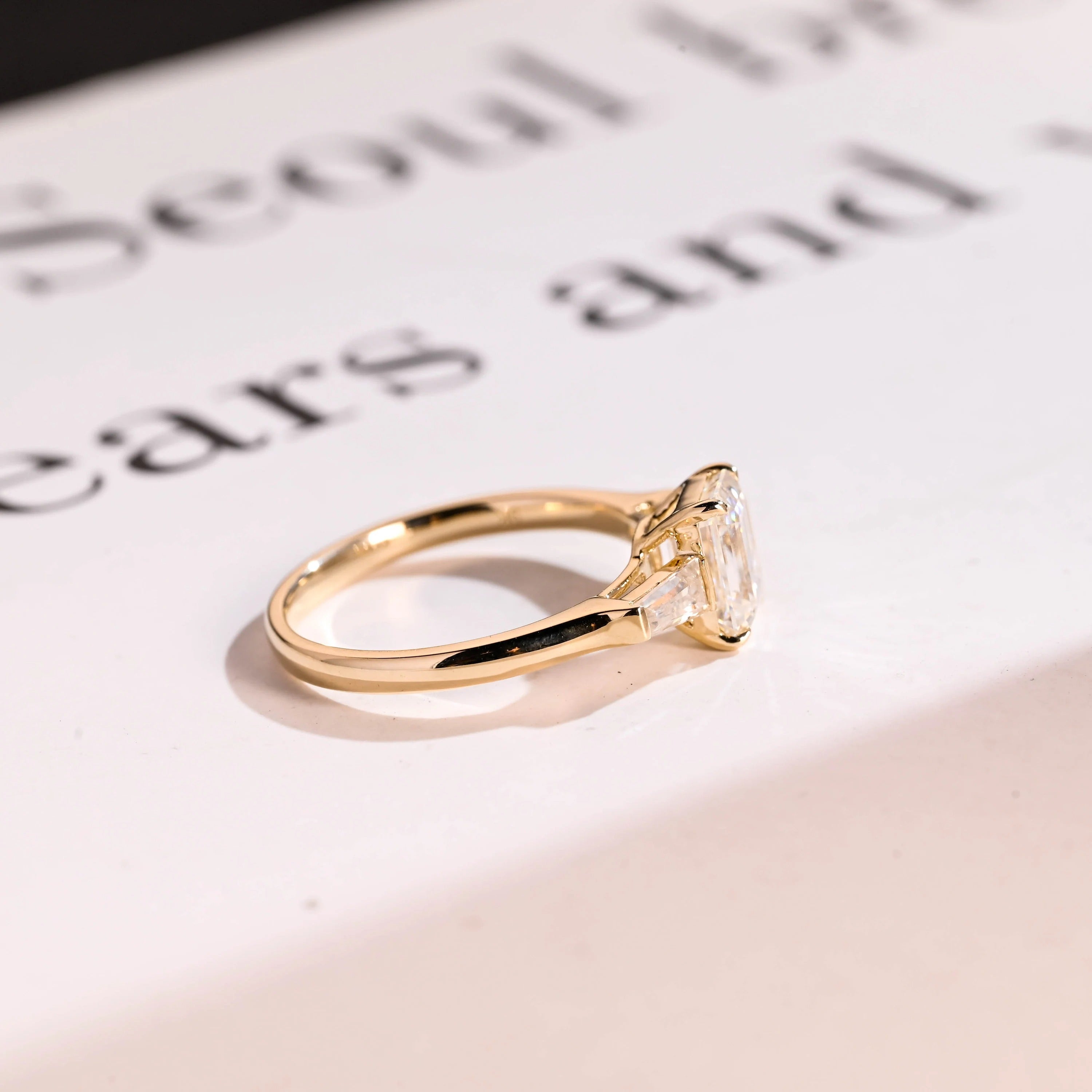 Solid Gold Emerald Moissanite Engagement Ring, Three Stone Ring