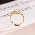 Solid Gold Emerald Moissanite Engagement Ring, Three Stone Ring