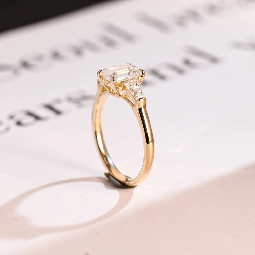 Solid Gold Emerald Moissanite Engagement Ring, Three Stone Ring