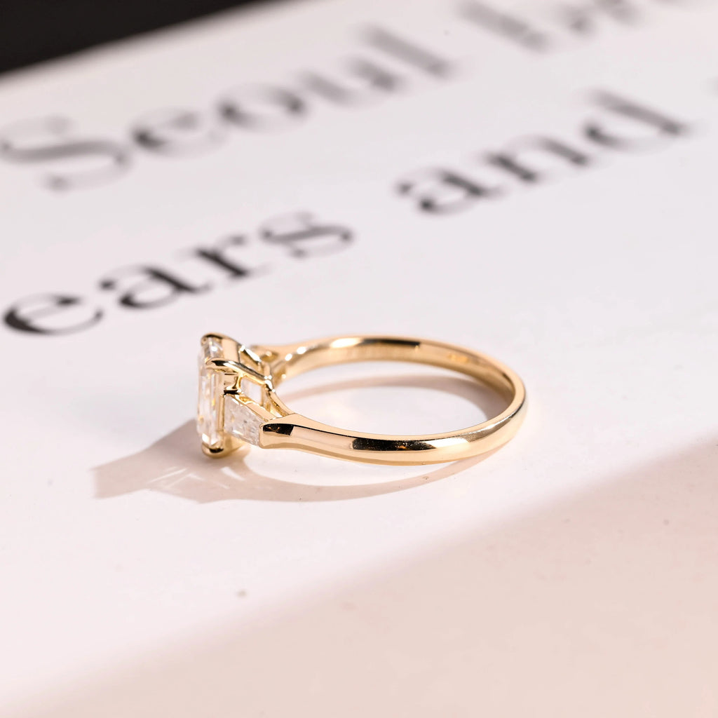 Solid Gold Emerald Moissanite Engagement Ring, Three Stone Ring
