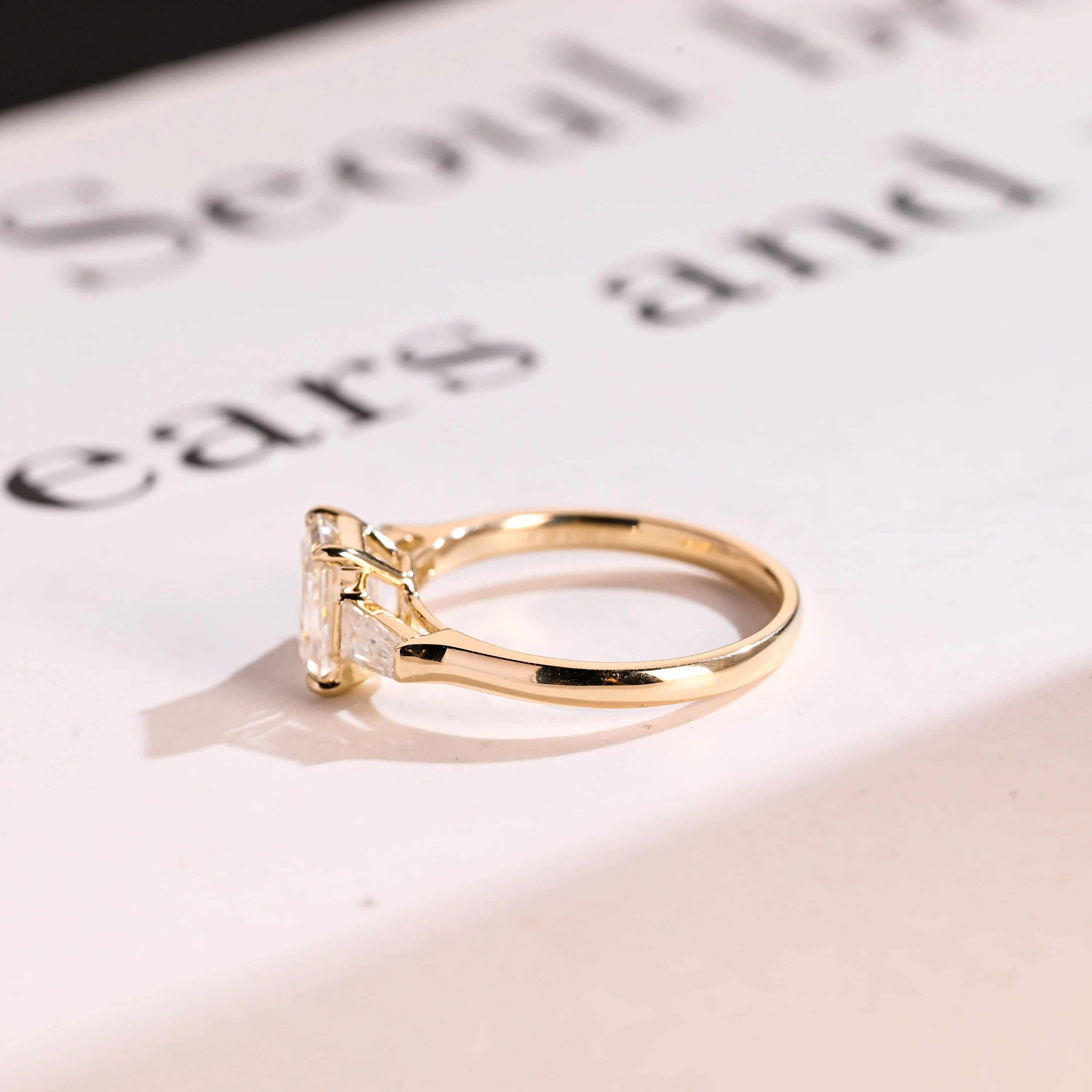 Solid Gold Emerald Moissanite Engagement Ring, Three Stone Ring