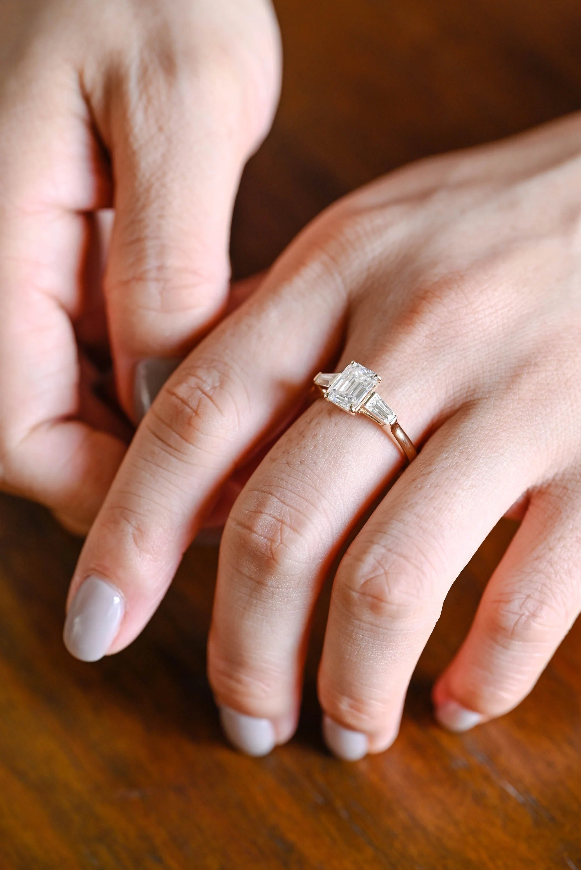 Solid Gold Emerald Moissanite Engagement Ring, Three Stone Ring
