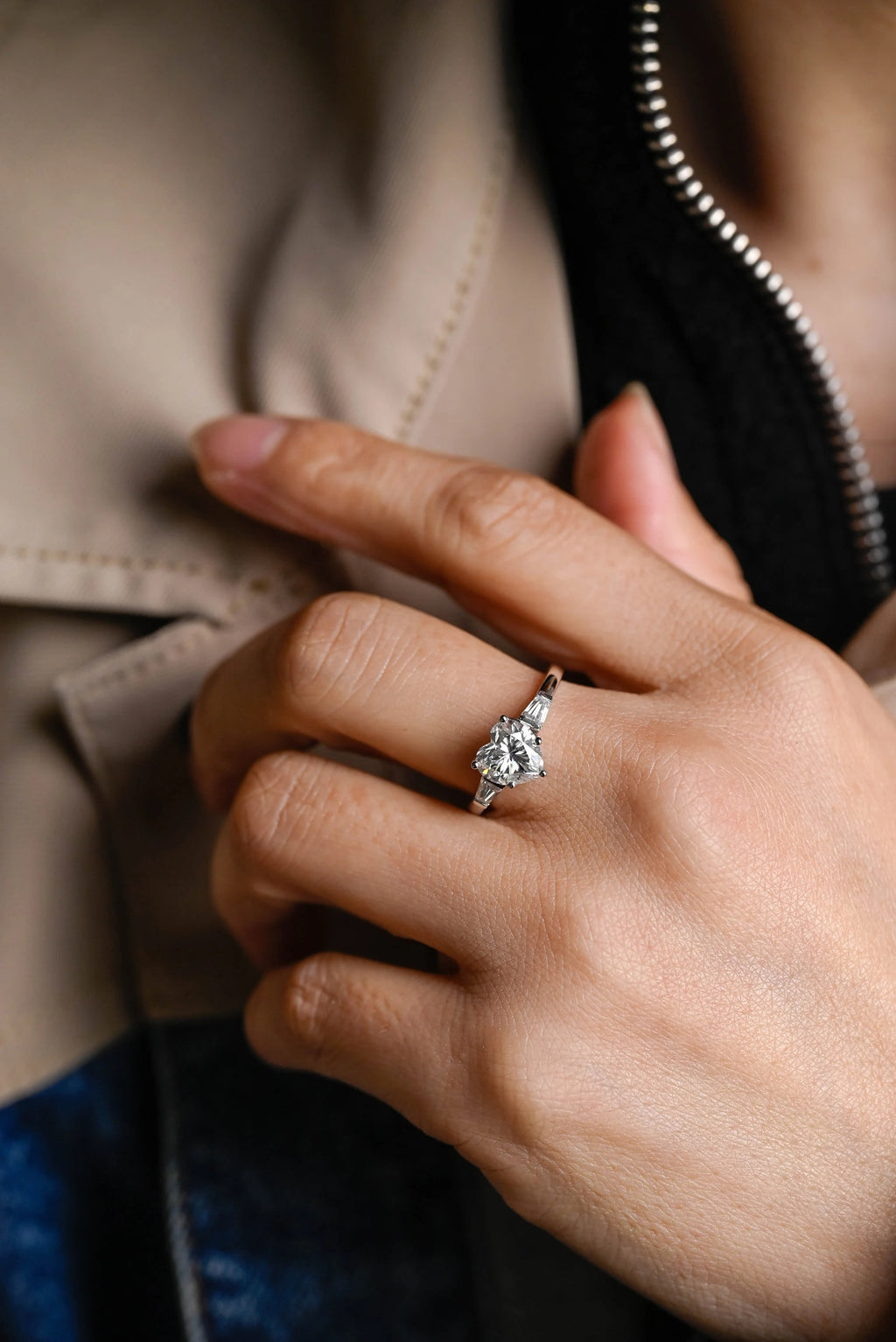 Solid Gold Heart Moissanite Engagement Ring with Trapezoid Accent