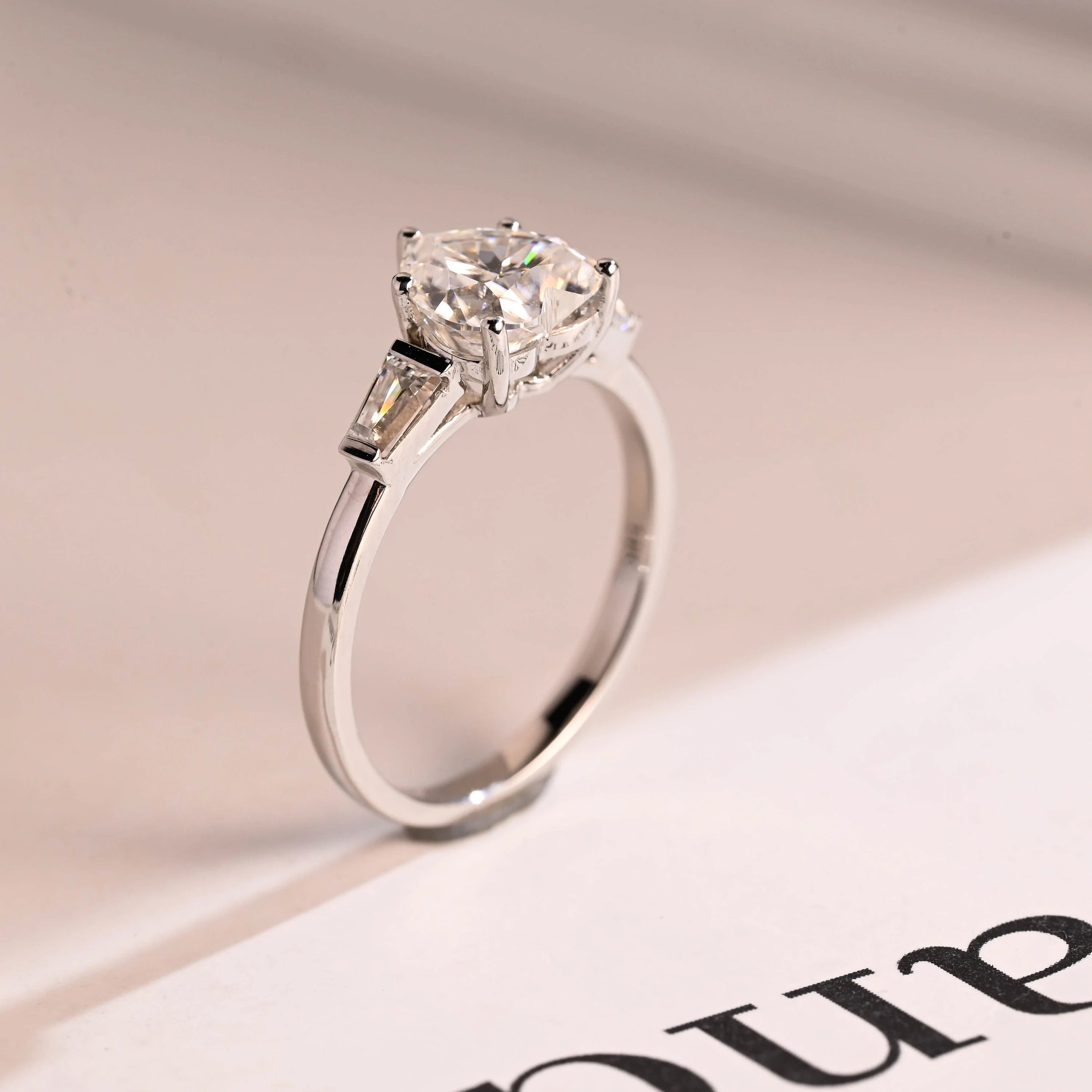 Solid Gold Heart Moissanite Engagement Ring with Trapezoid Accent