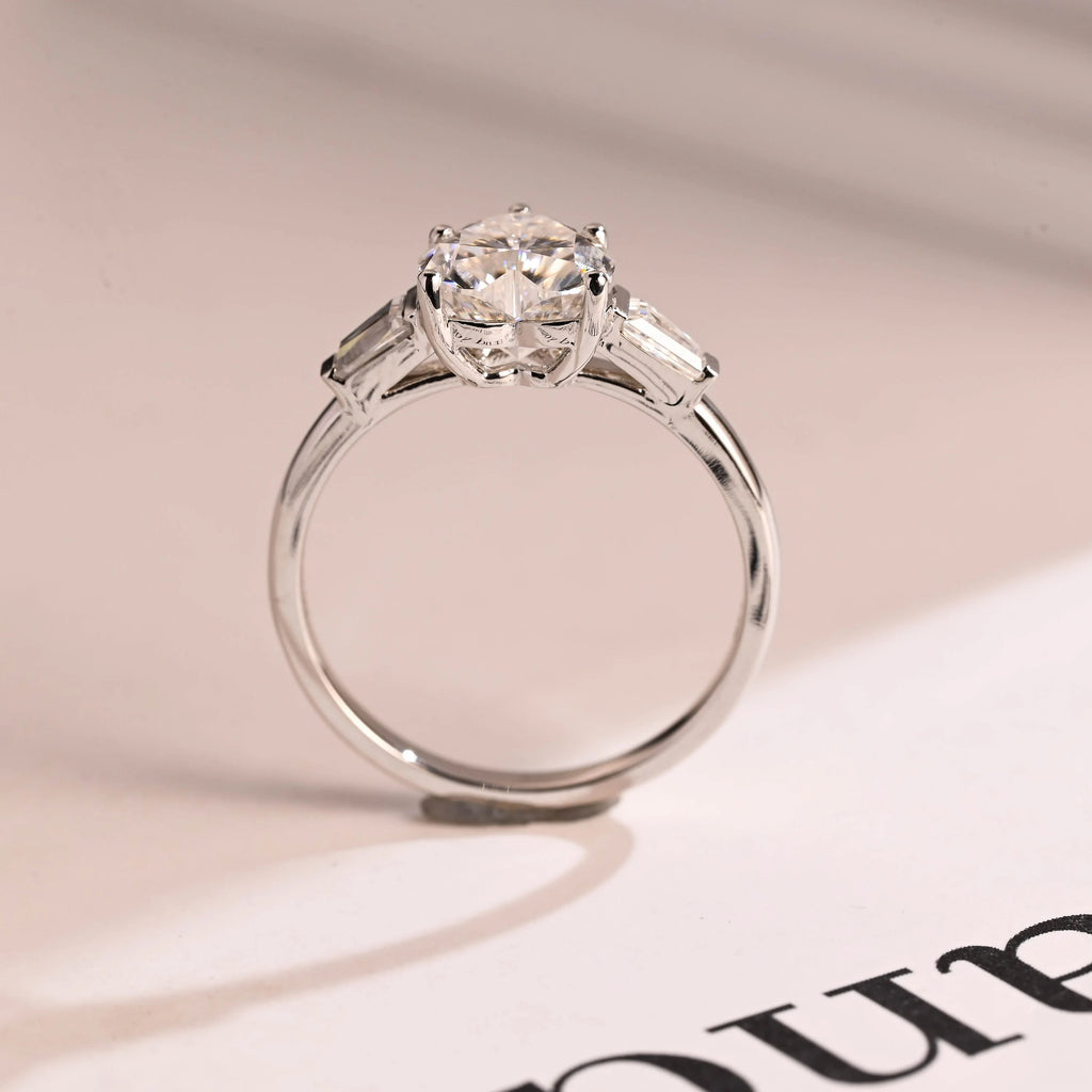 Solid Gold Heart Moissanite Engagement Ring with Trapezoid Accent