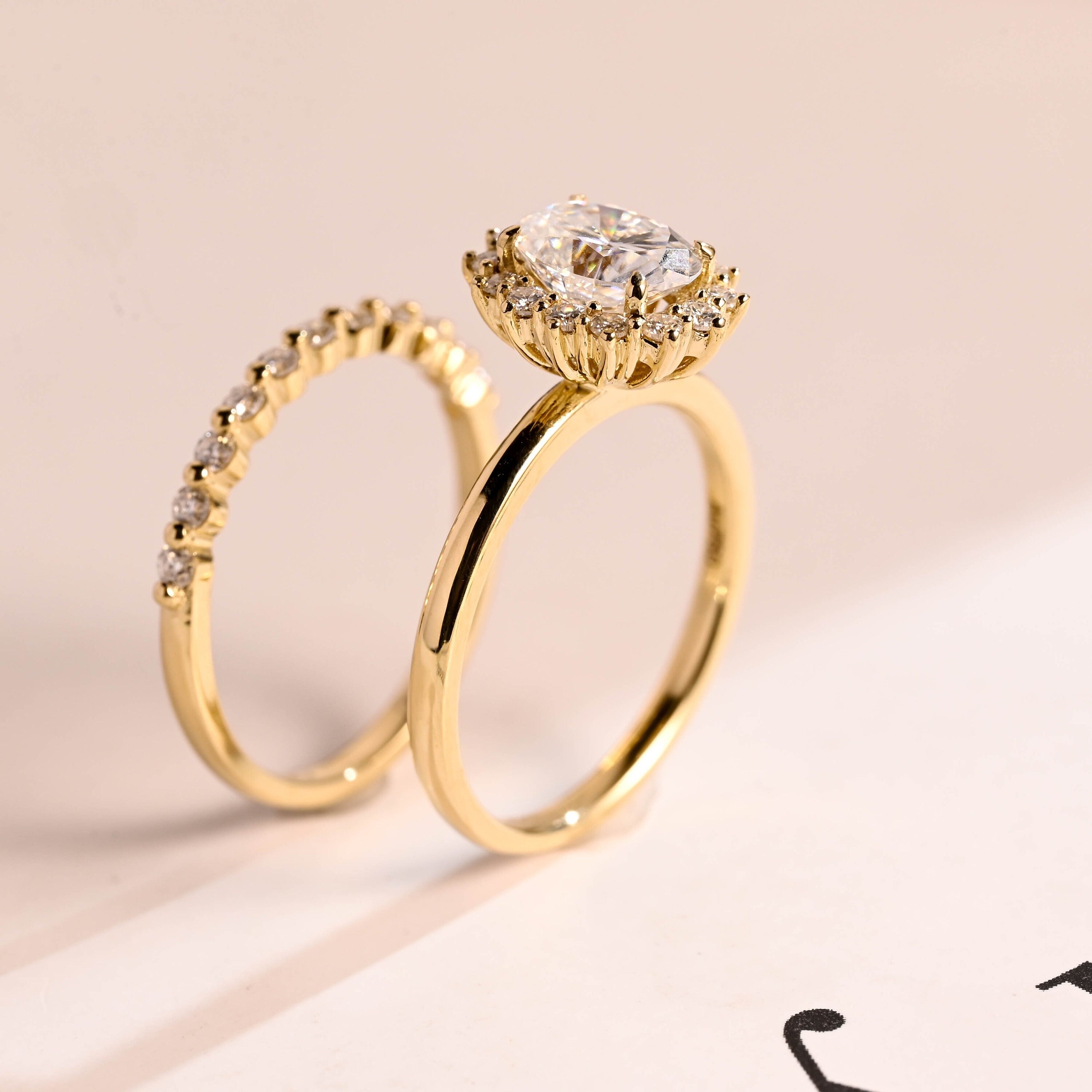 Solid Gold Floral Halo Oval Moissanite Wedding Band Set, Bridal Sets