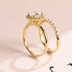 Solid Gold Floral Halo Oval Moissanite Wedding Band Set, Bridal Sets