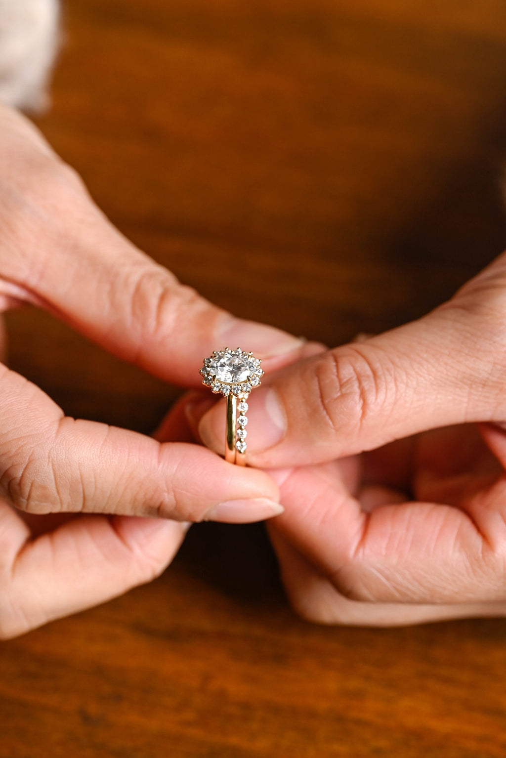Solid Gold Floral Halo Oval Moissanite Wedding Band Set, Bridal Sets