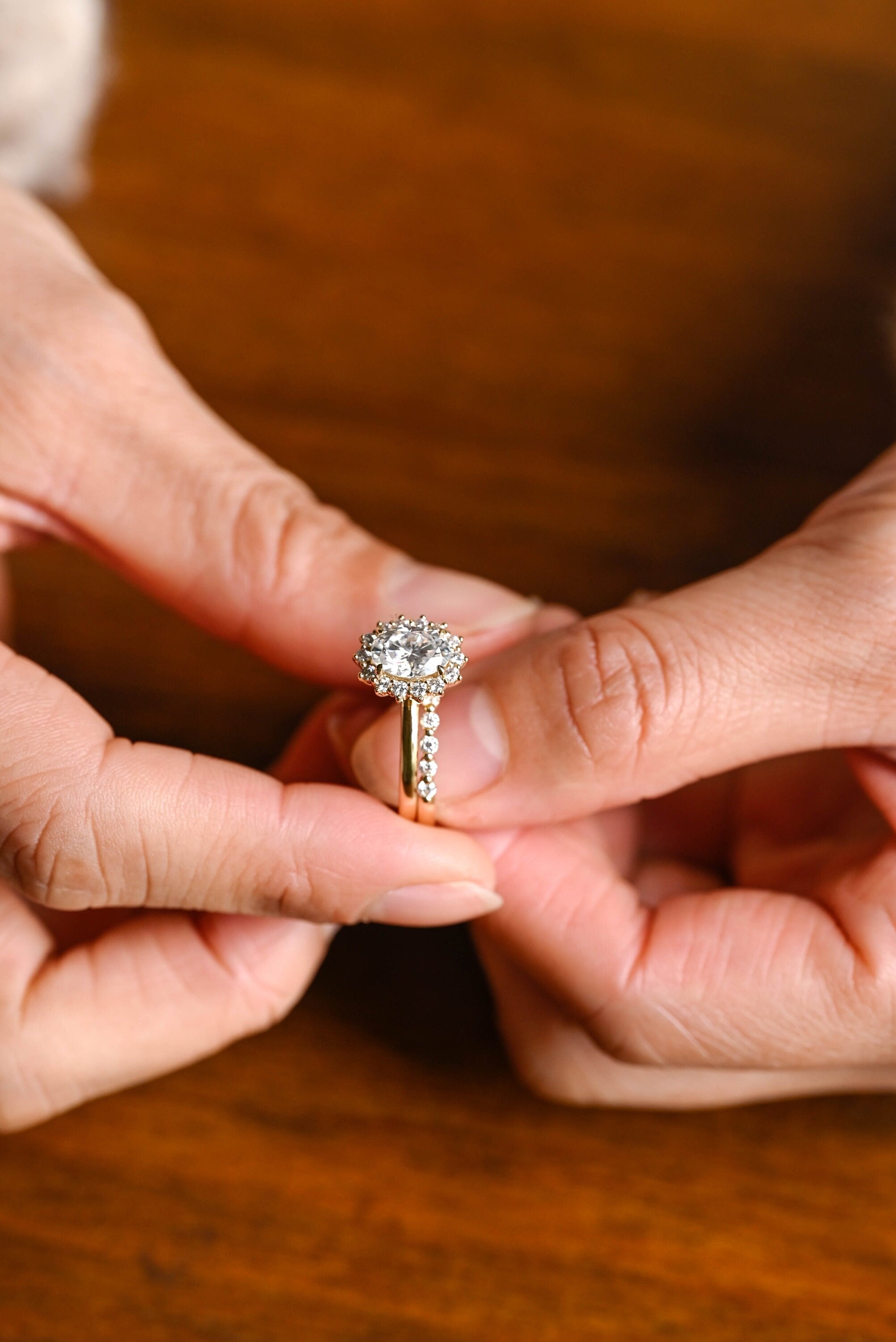 Solid Gold Floral Halo Oval Moissanite Wedding Band Set, Bridal Sets