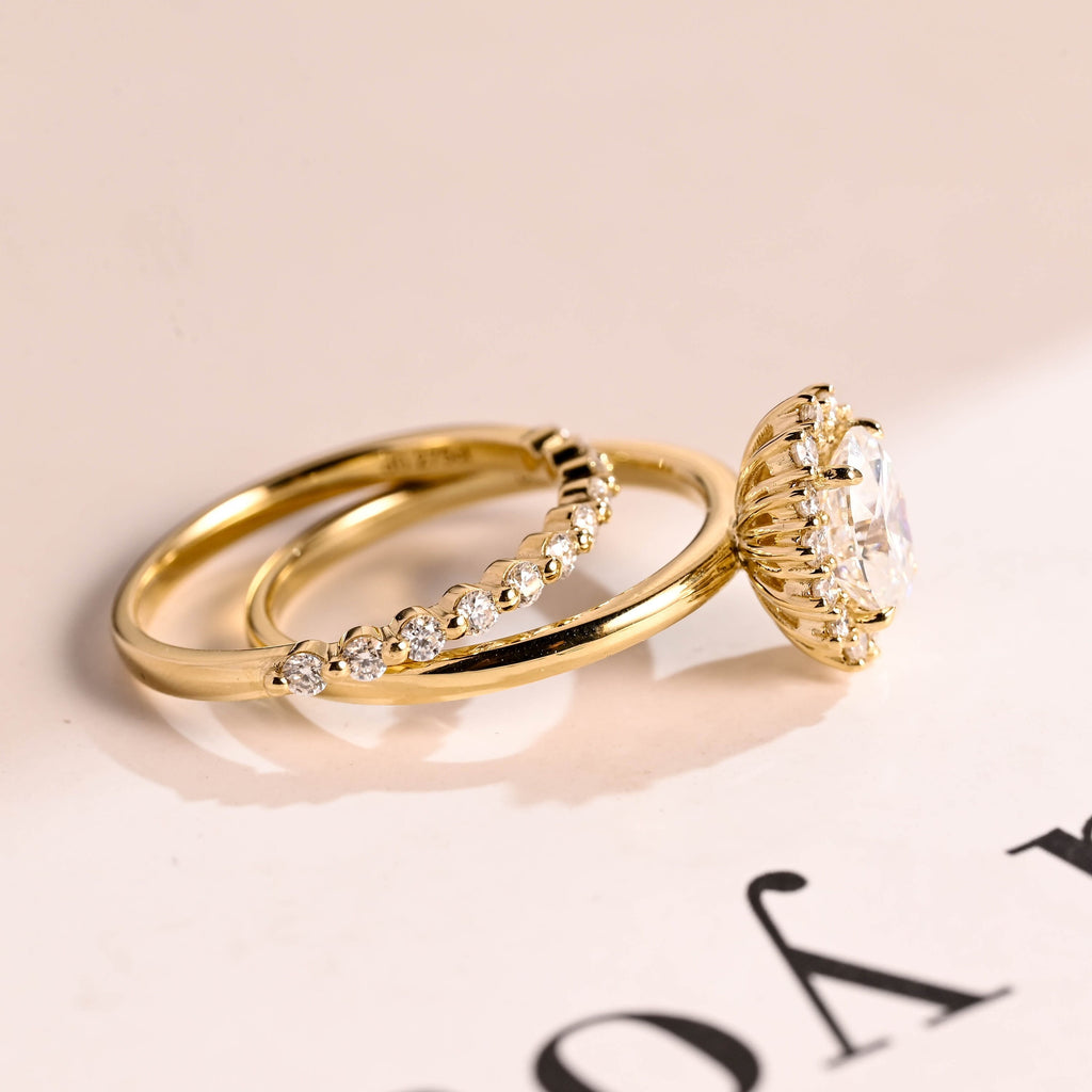 Solid Gold Floral Halo Oval Moissanite Wedding Band Set, Bridal Sets