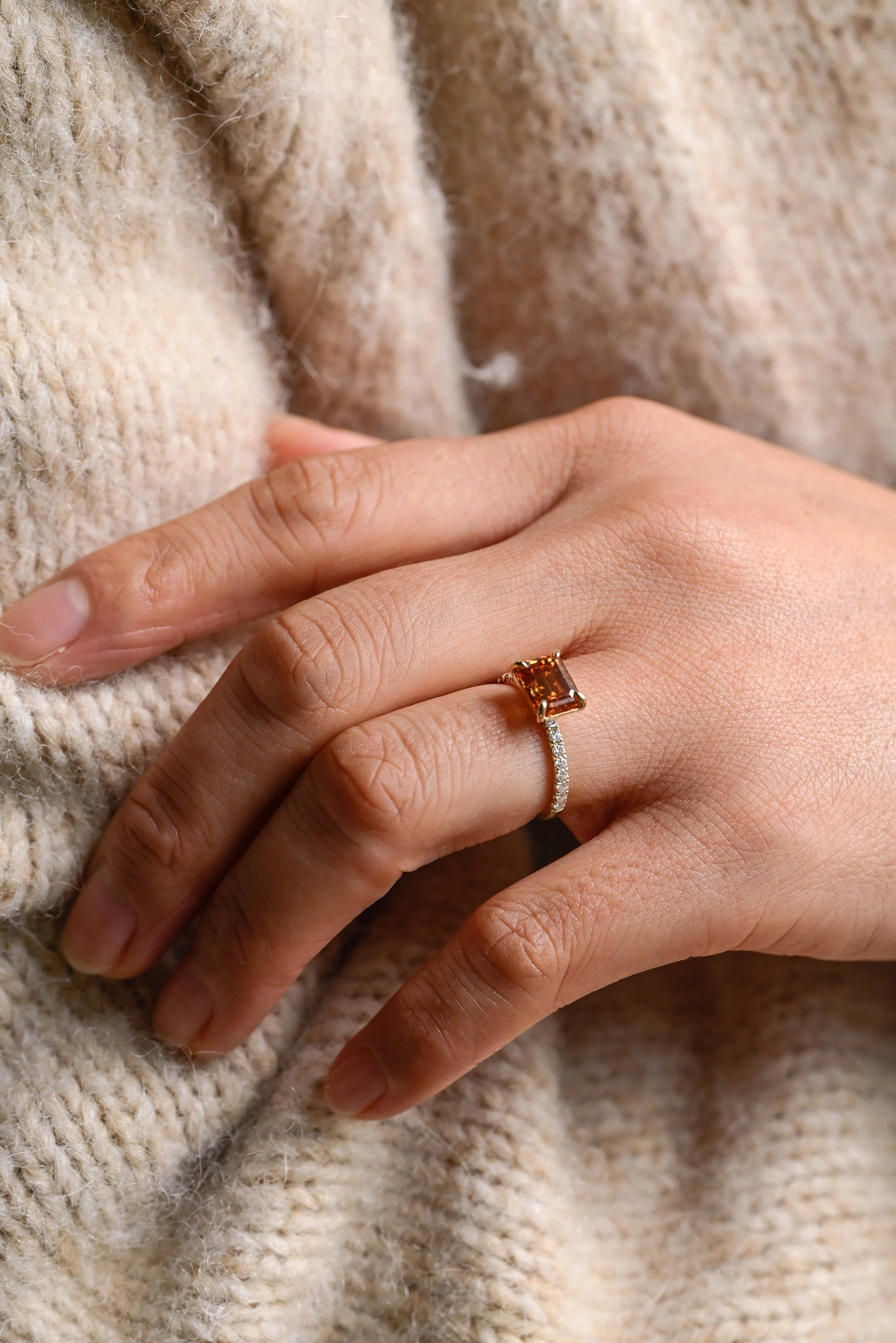 Solid Gold East to West Brown Emerald Cut Moissanite Engagement Ring, Promise Ring for Her