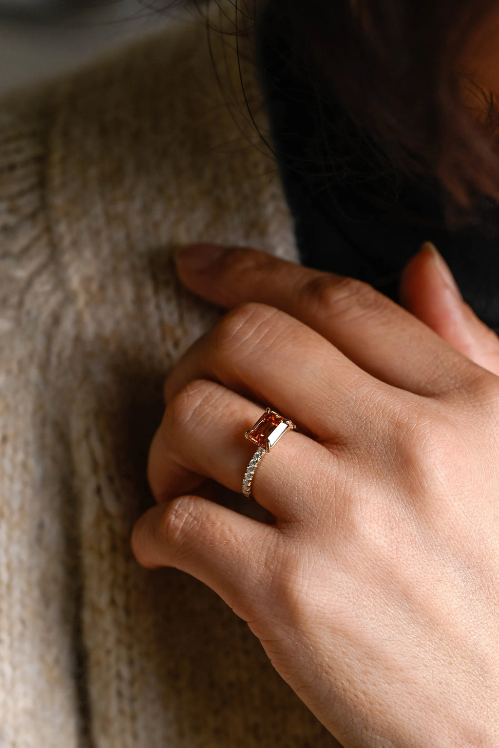 Solid Gold East to West Brown Emerald Cut Moissanite Engagement Ring, Promise Ring for Her