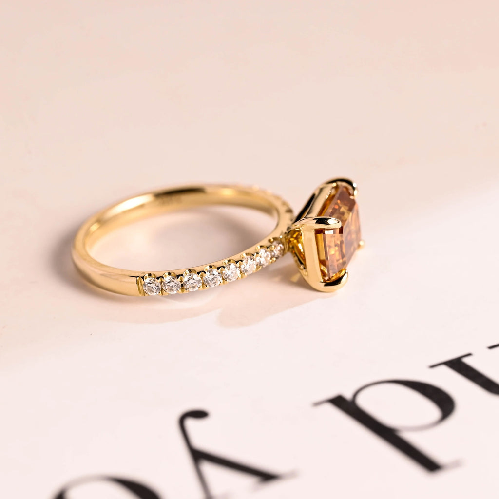 Solid Gold East to West Brown Emerald Cut Moissanite Engagement Ring, Promise Ring for Her