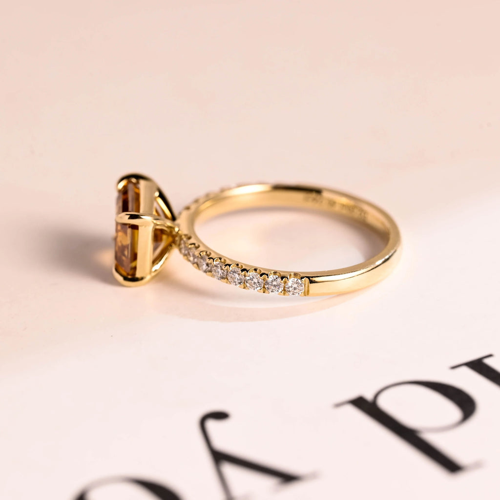 Solid Gold East to West Brown Emerald Cut Moissanite Engagement Ring, Promise Ring for Her