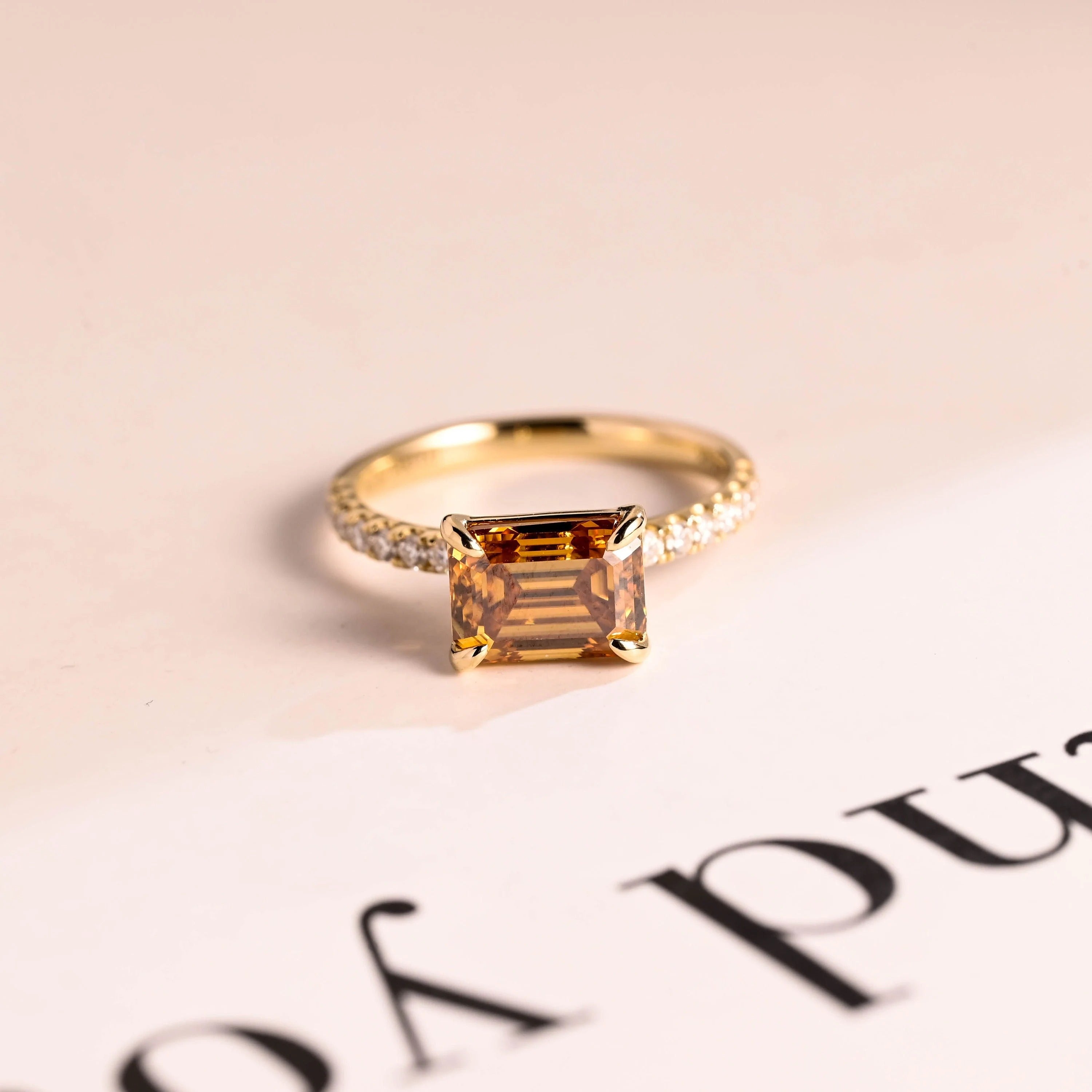 Solid Gold East to West Brown Emerald Cut Moissanite Engagement Ring, Promise Ring for Her Main image