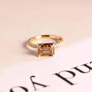 Solid Gold East to West Brown Emerald Cut Moissanite Engagement Ring, Promise Ring for Her