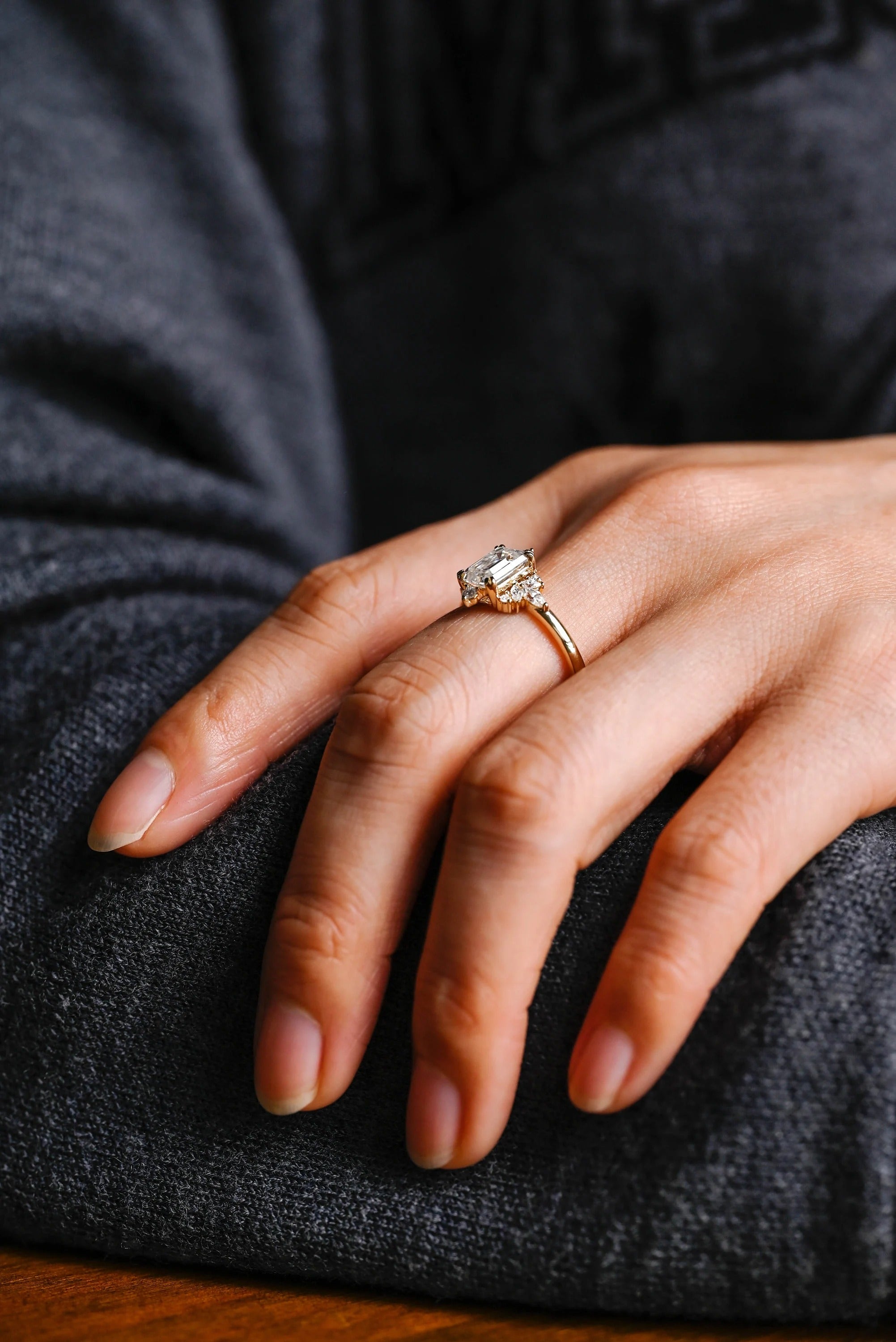Solid Gold Emerald Cut Moissanite Engagement Ring, Dainty Cluster Promise Ring