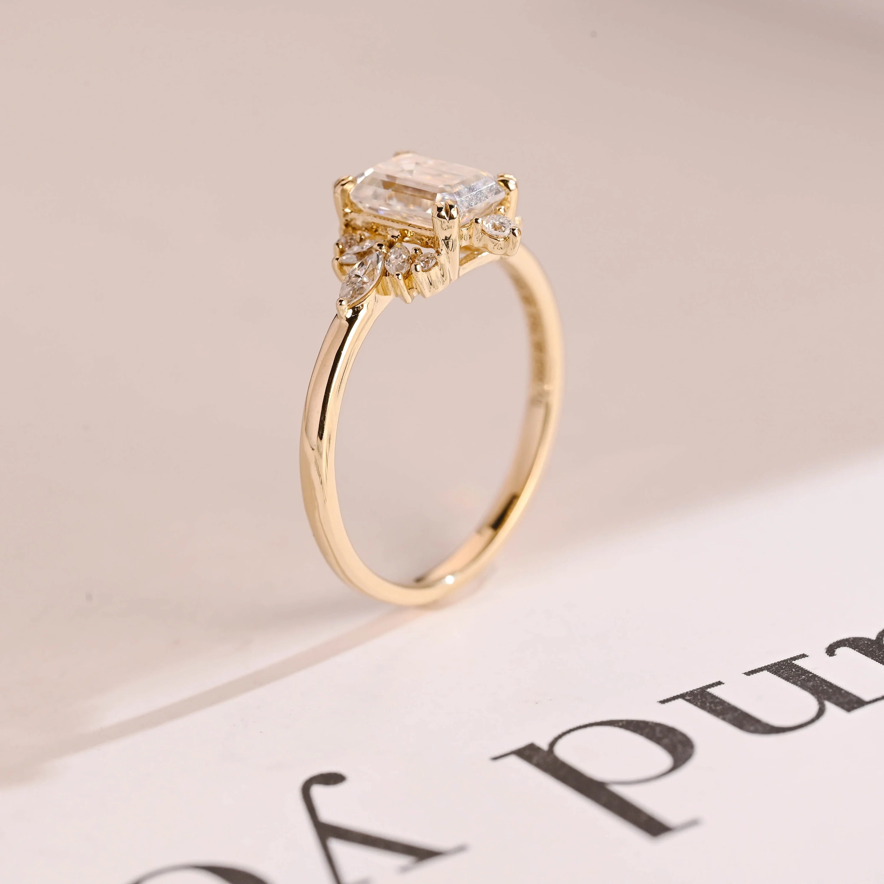 Solid Gold Emerald Cut Moissanite Engagement Ring, Dainty Cluster Promise Ring