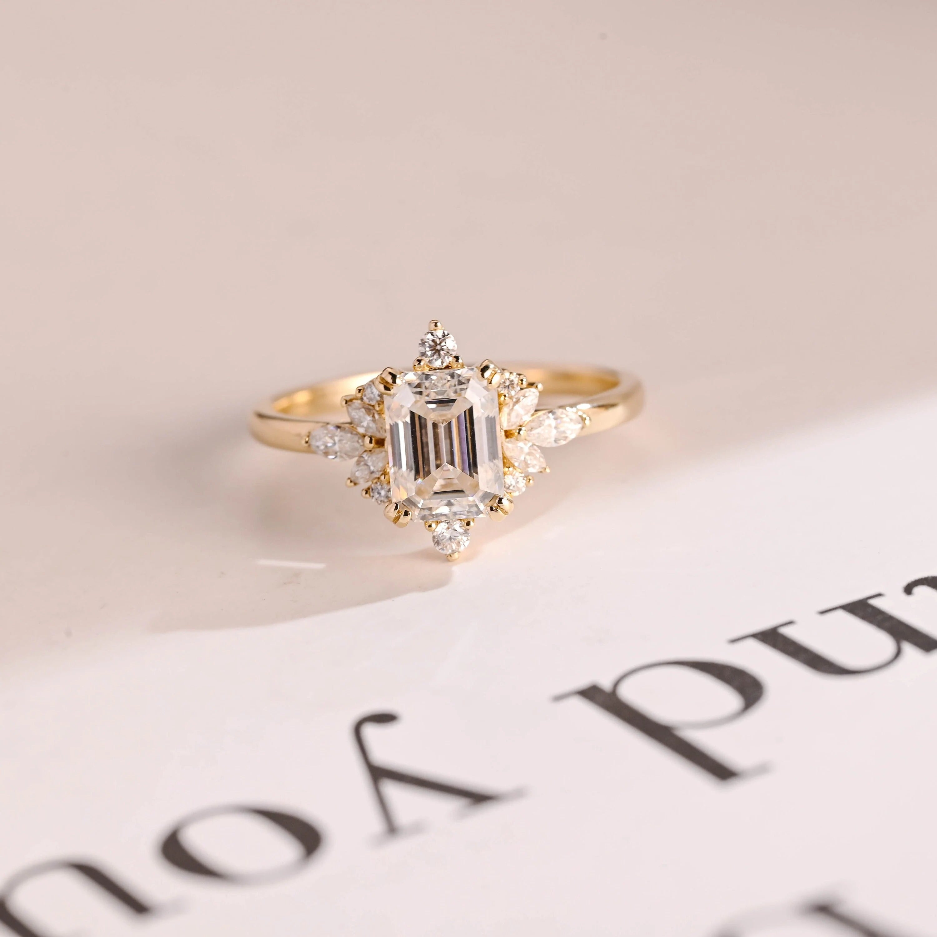 Solid Gold Emerald Cut Moissanite Engagement Ring, Dainty Cluster Promise Ring Main image