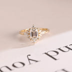 Solid Gold Emerald Cut Moissanite Engagement Ring, Dainty Cluster Promise Ring