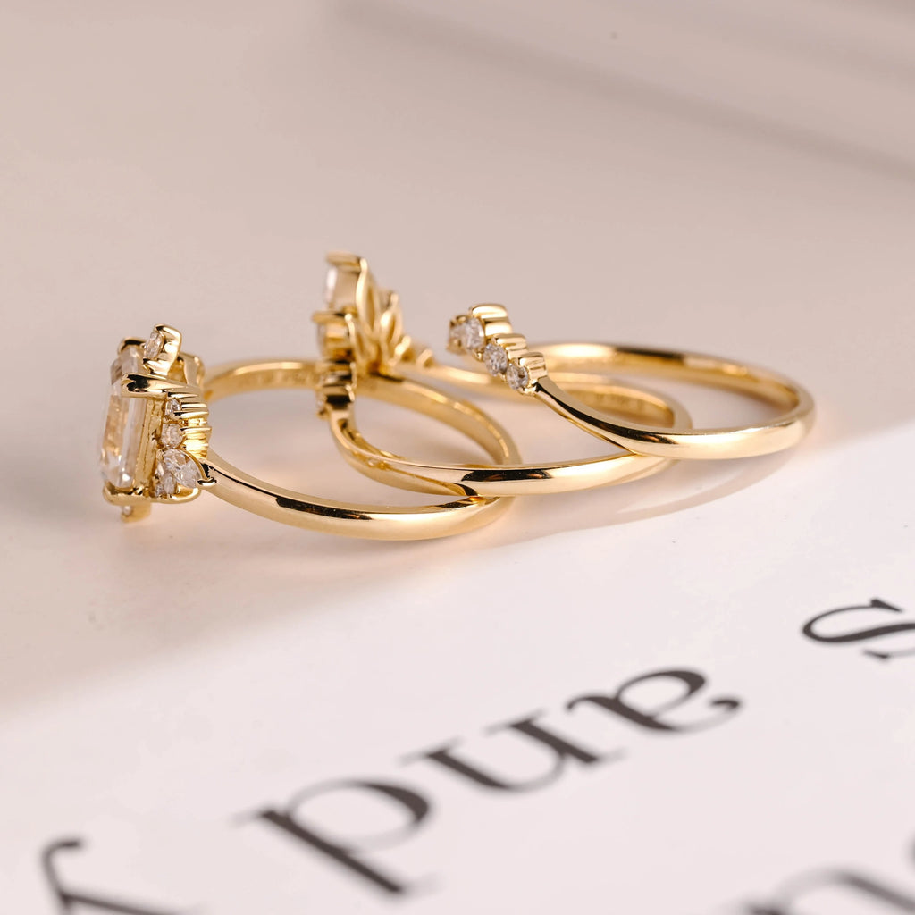 Solid Gold Emerald Cut Moissanite Engagement Ring Set, Wedding Band Set