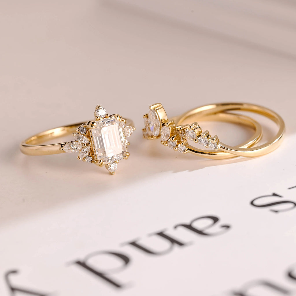 Solid Gold Emerald Cut Moissanite Engagement Ring Set, Wedding Band Set