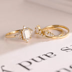 Solid Gold Emerald Cut Moissanite Engagement Ring Set, Wedding Band Set